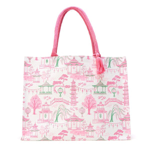 Mahjong Block Print Pattern Tote Bag with Inside Zippered Pocket