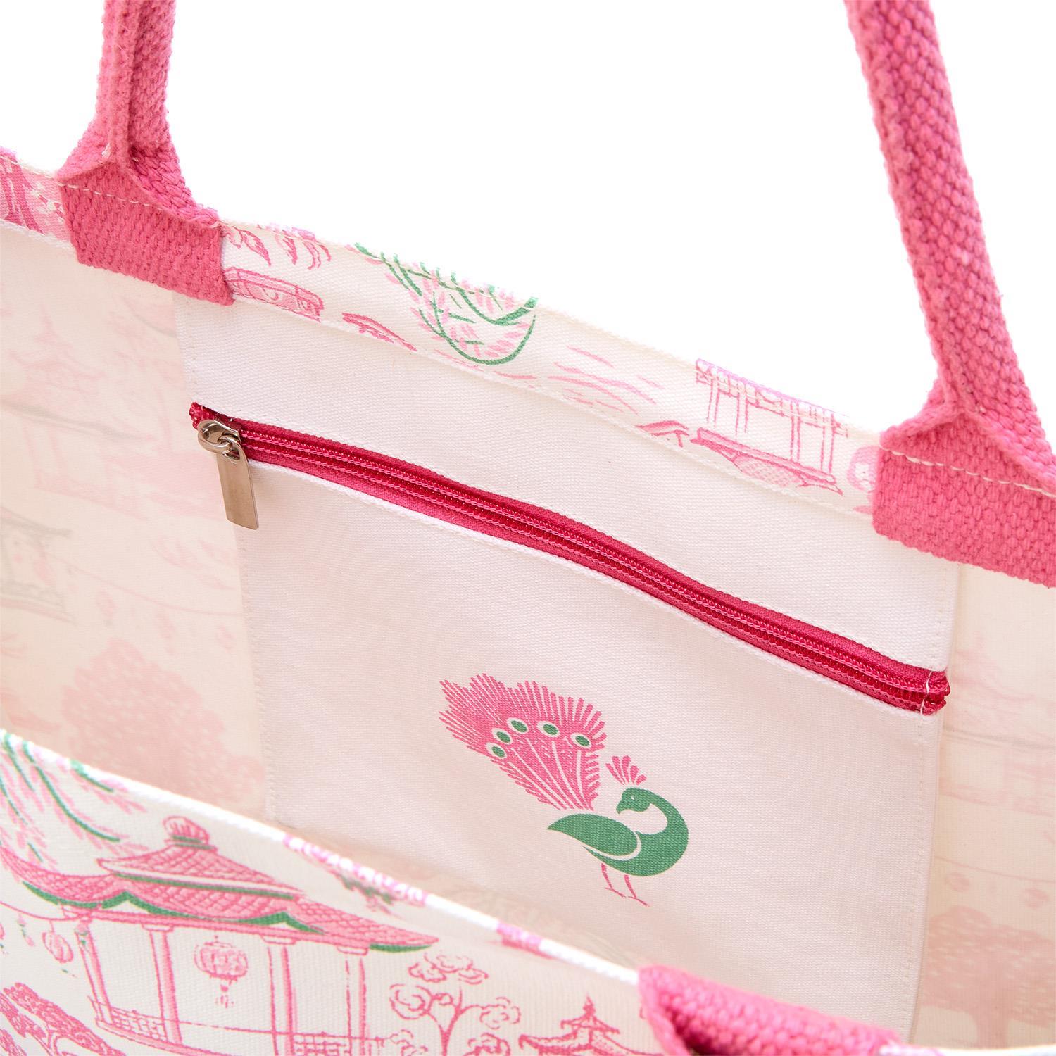 Mahjong Block Print Pattern Tote Bag with Inside Zippered Pocket