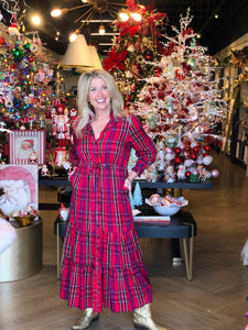 Red Plaid 3/4 Sleeve Dress