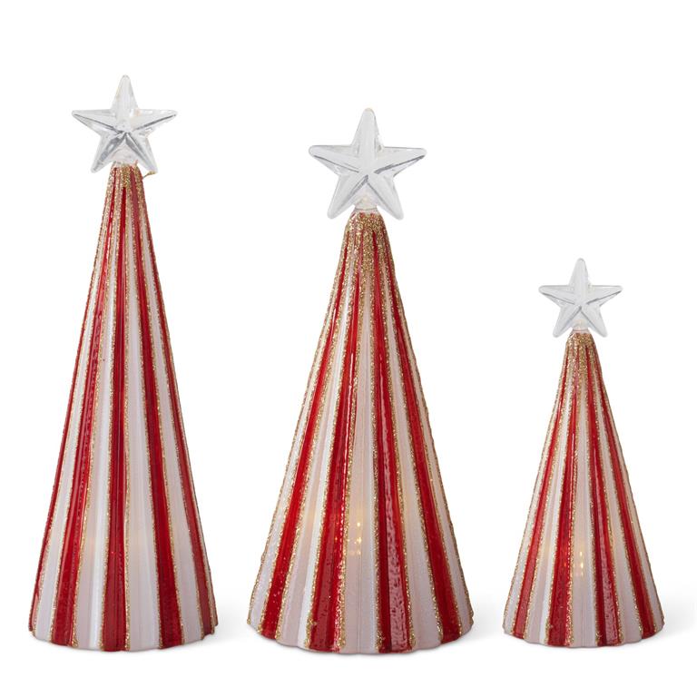 Set of 3 Red & White Striped LED Star Topped Trees