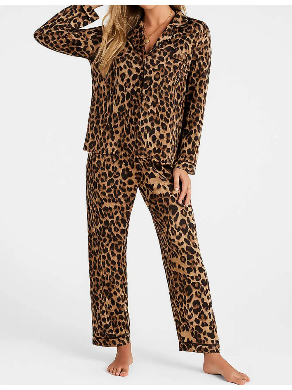 Ladies Satin Leopard Print Lapel Collar Shirt & Pants Lounge Set