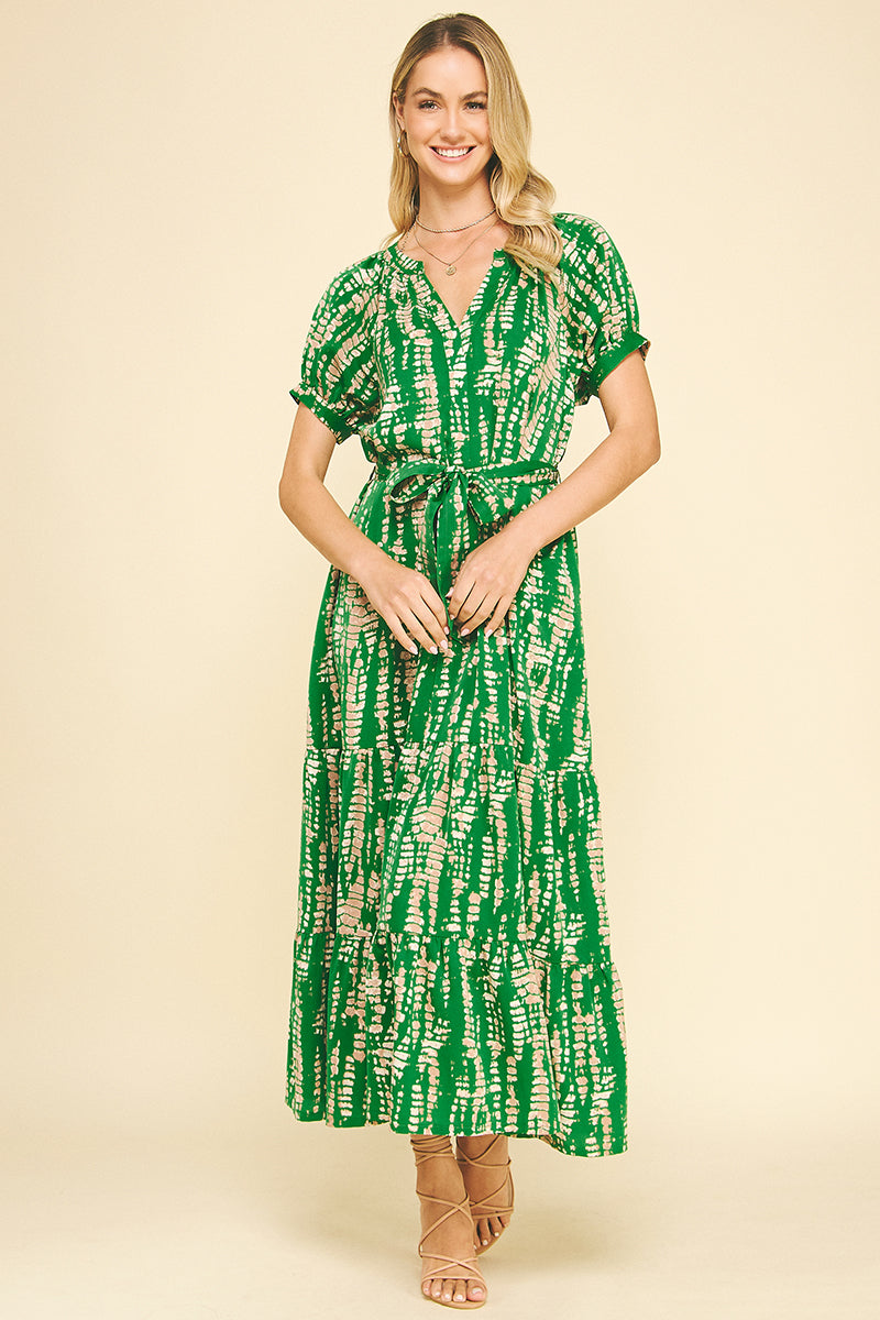 GREEN PRINTED TIERED MAXI DRESS