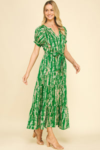 GREEN PRINTED TIERED MAXI DRESS