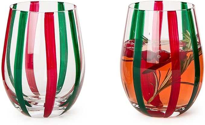 Holiday Cheer Red and Green Stripes Stemless Wine Glass