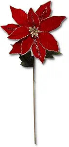 K&K Interiors 53835A 30 Inch Red Velvet Poinsettia Stem with Sequins Gold Trim