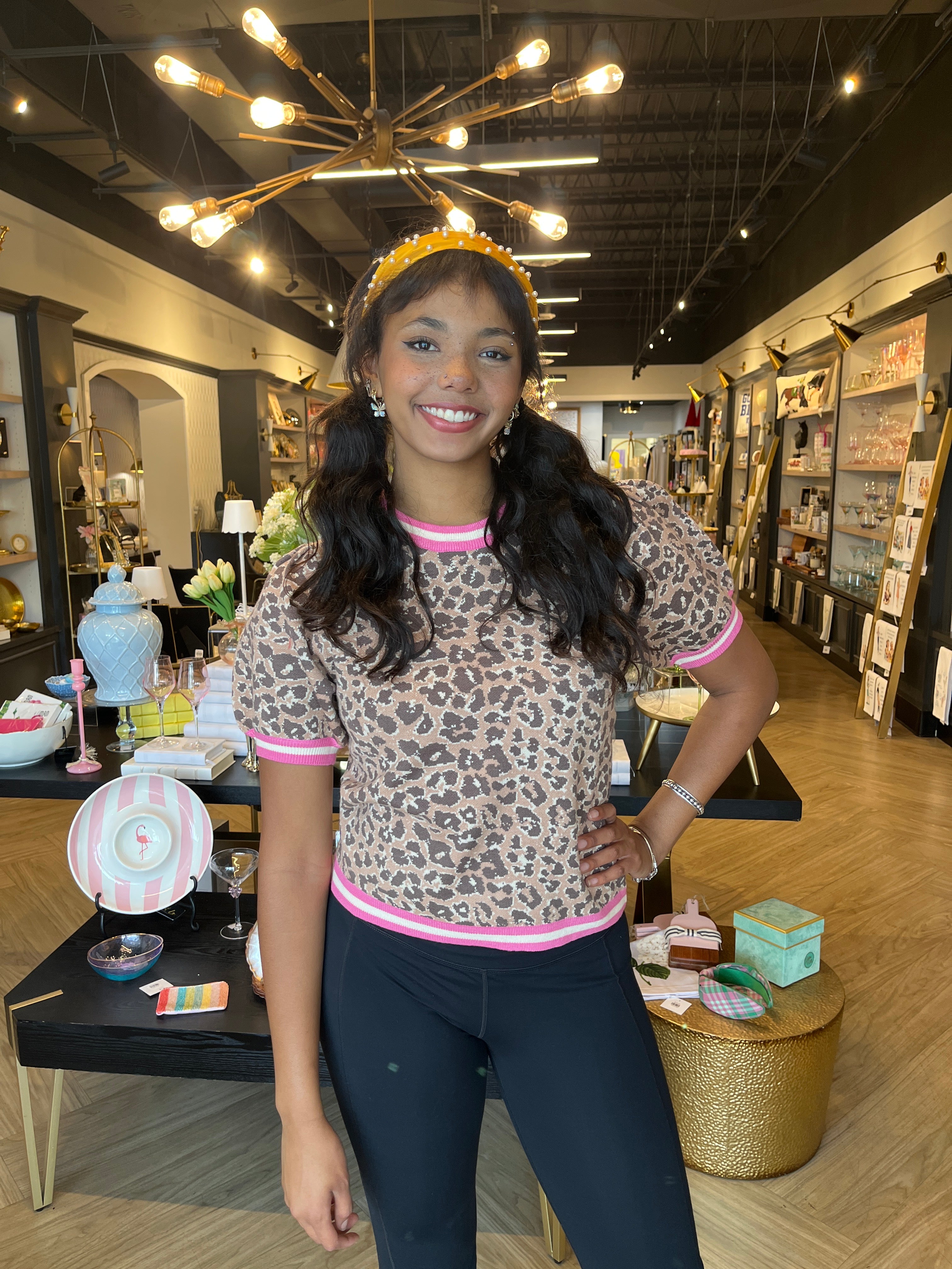 Camel and Pink Leopard Print Short Sleeve Sweater