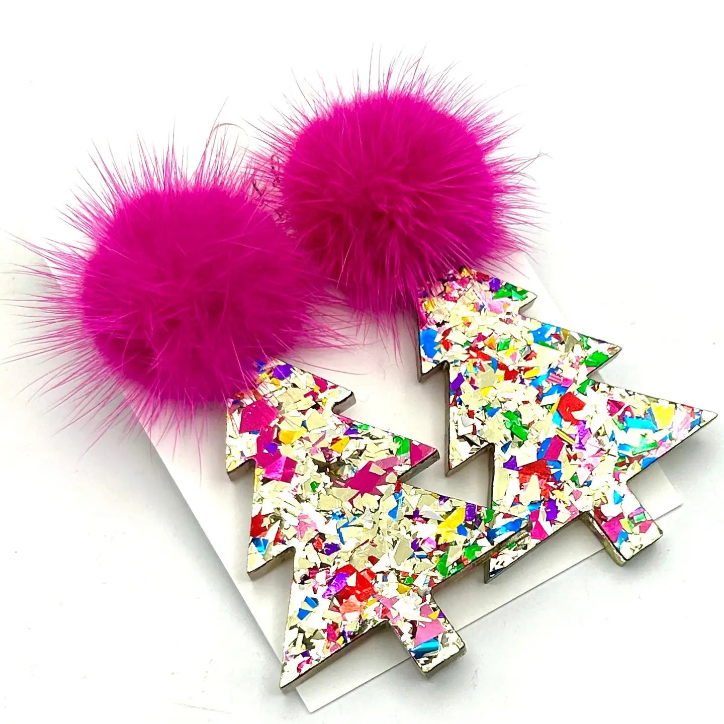 Christmas Tree Earrings - Pink pompoms