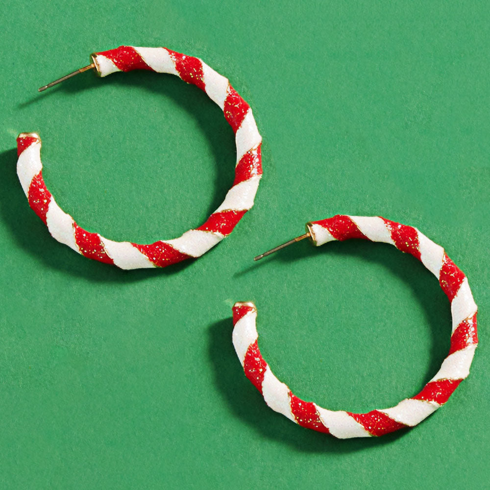Enamel Candy Cane Hoop Earrings-Red and White