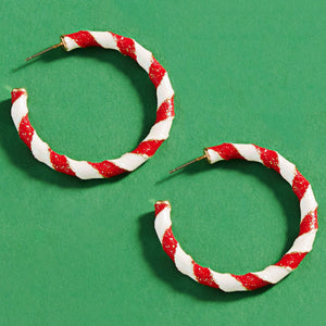 Enamel Candy Cane Hoop Earrings-Red and White