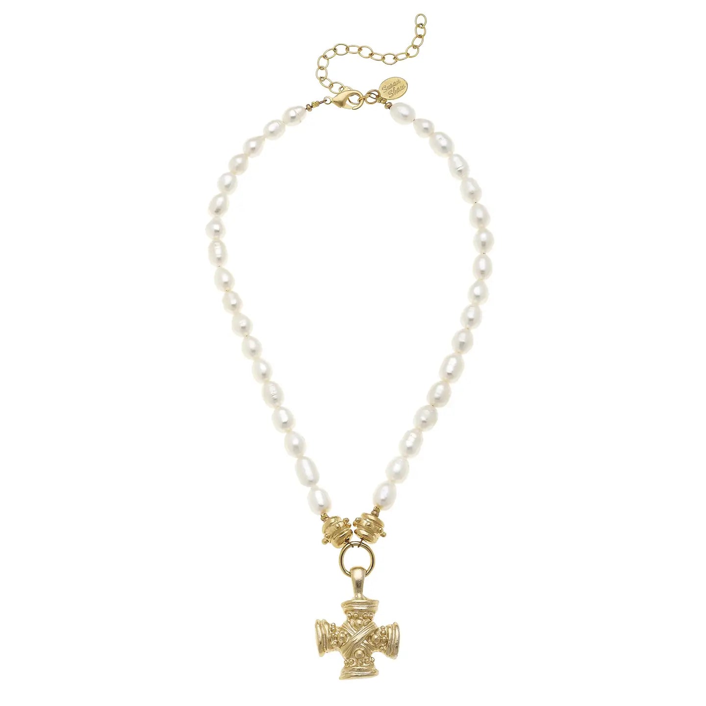 Gold Squared French Cross On Genuine Freshwater Pearl Necklace