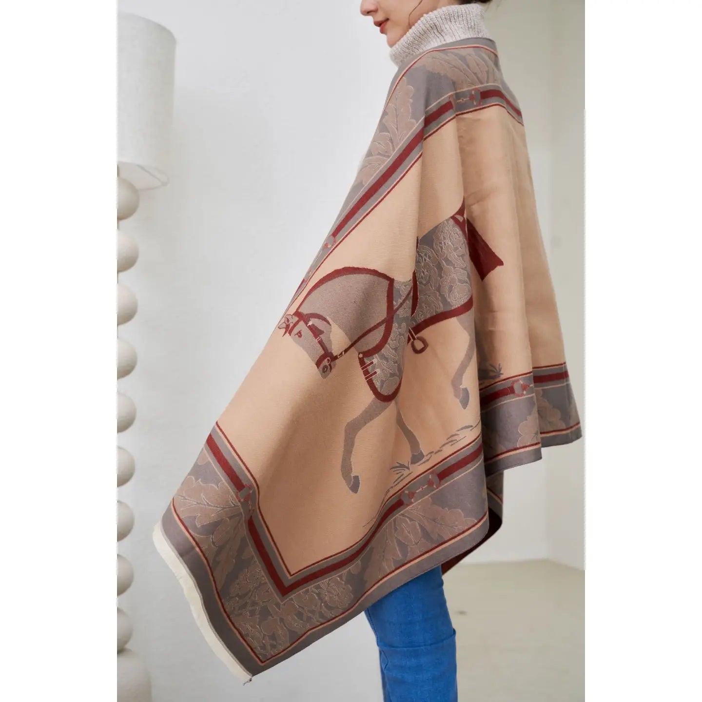 Int'l Baroque Horses Acrylic Cashmere Scarf-Tan