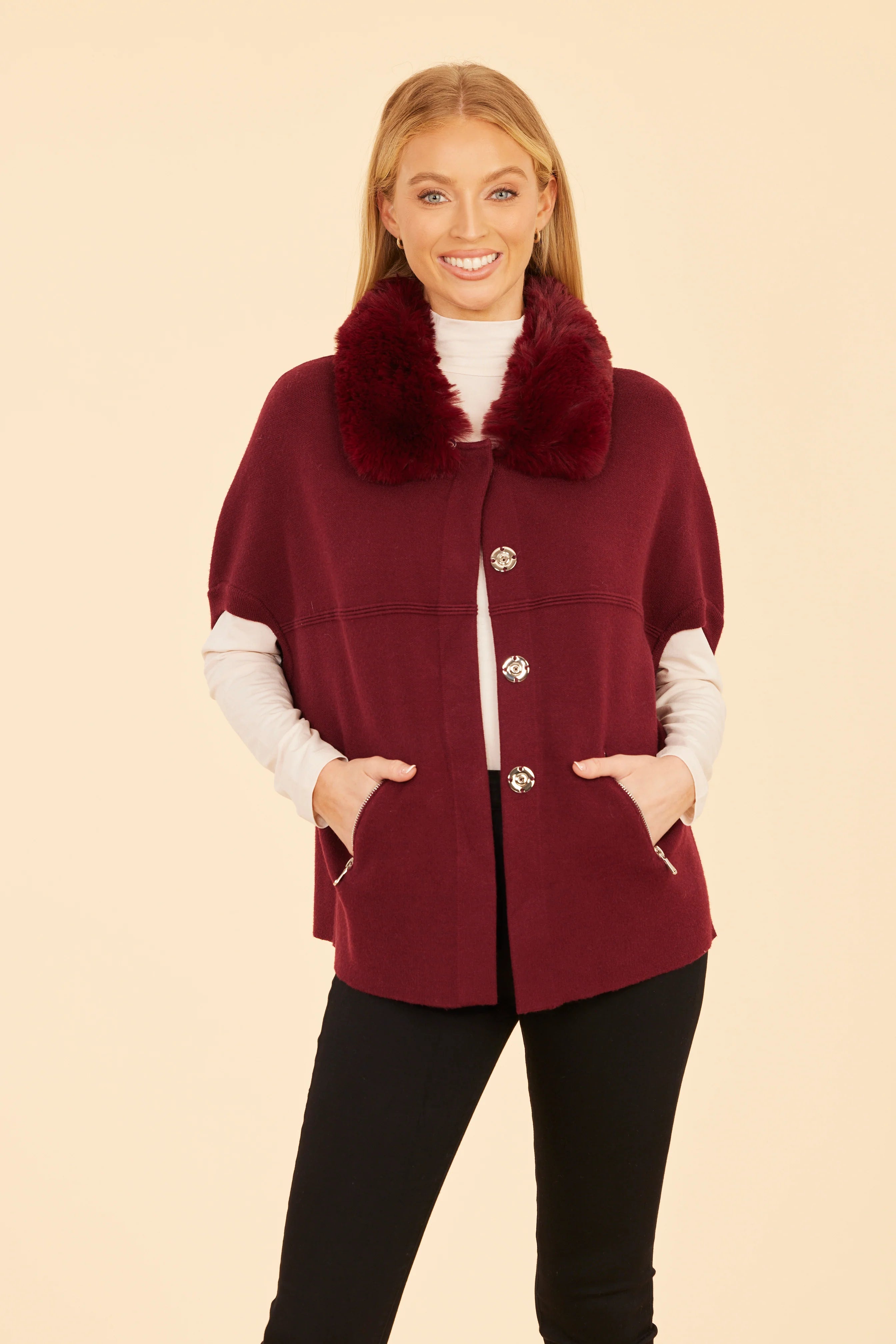 Maroon Faux Fur Collar Short Sleeved Cardigan