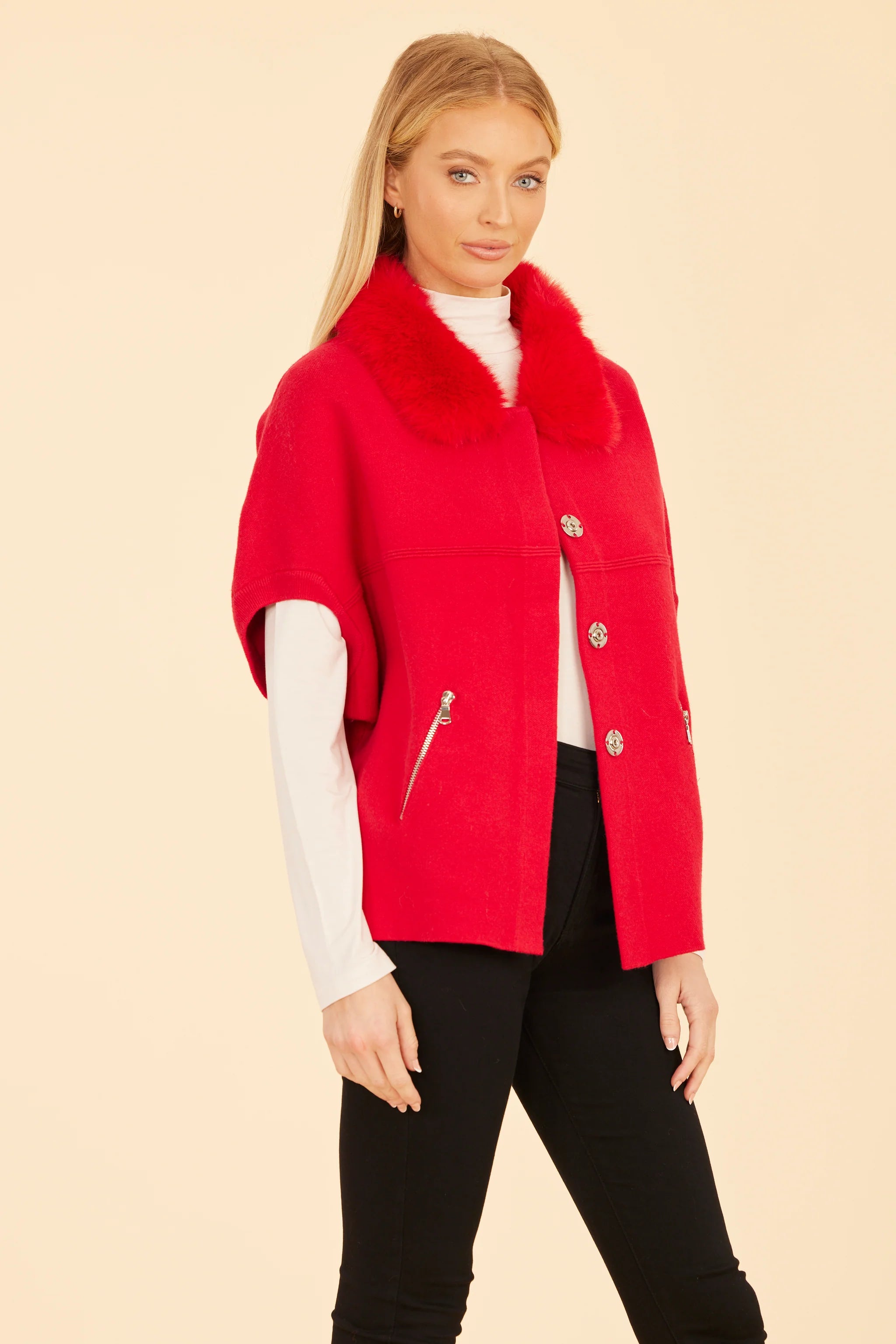 Faux Fur Collar Short Sleeved Cardigan-Red
