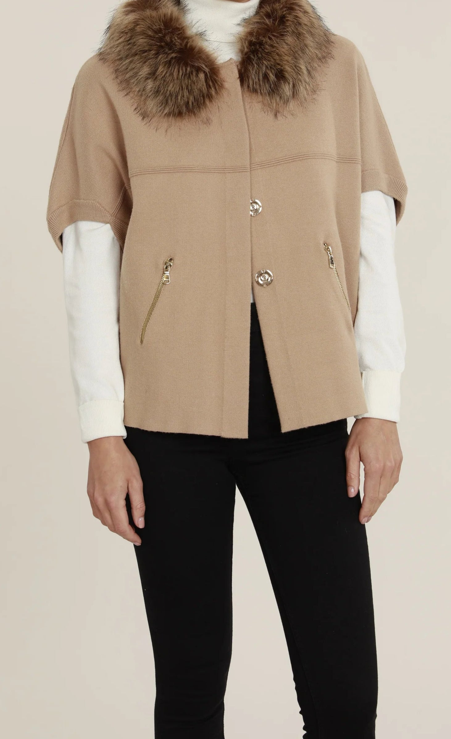 Faux Fur Collar Short Sleeve Cardigan - Camel
