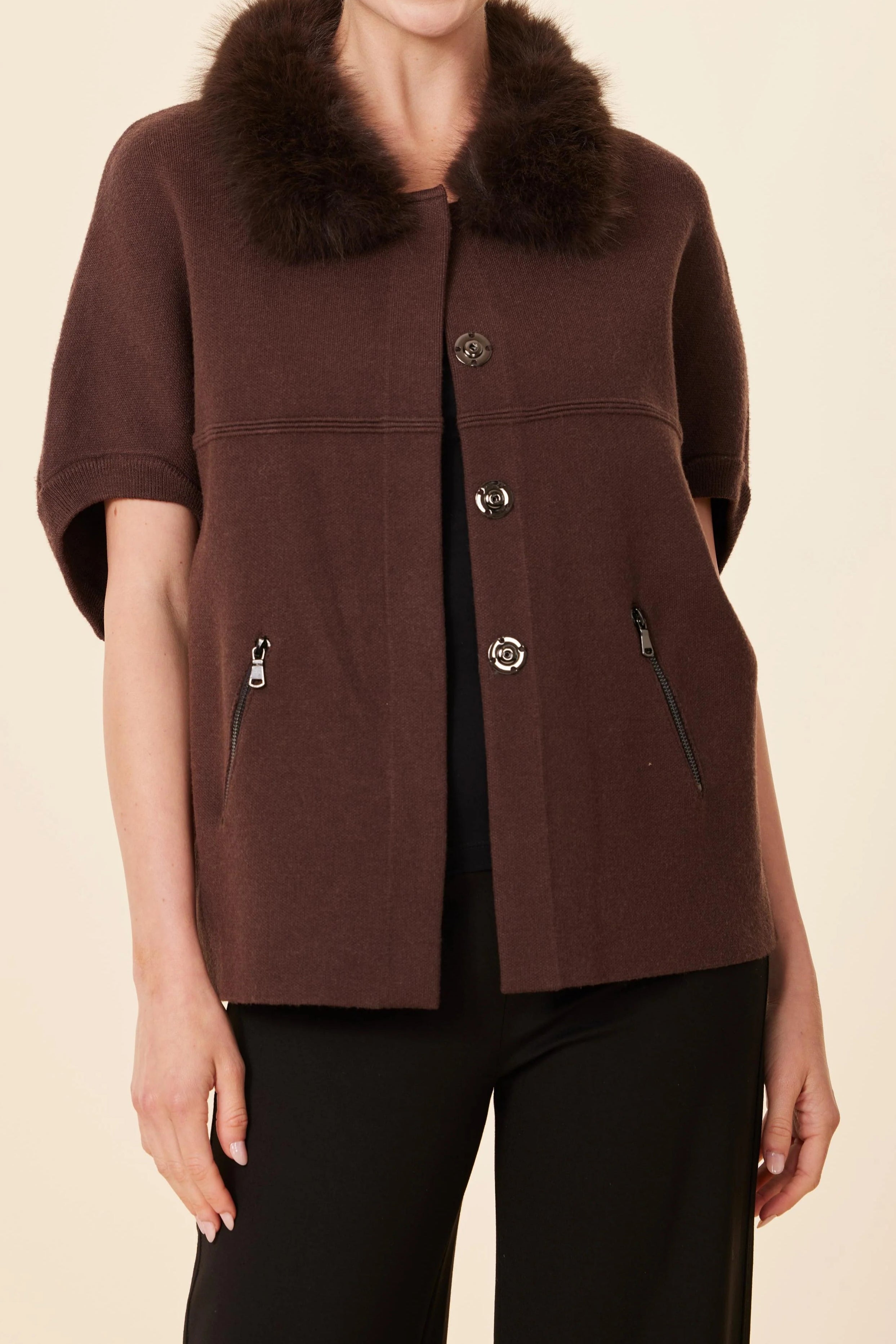 Faux Fur Collar Short Sleeve Cardigan - Espresso