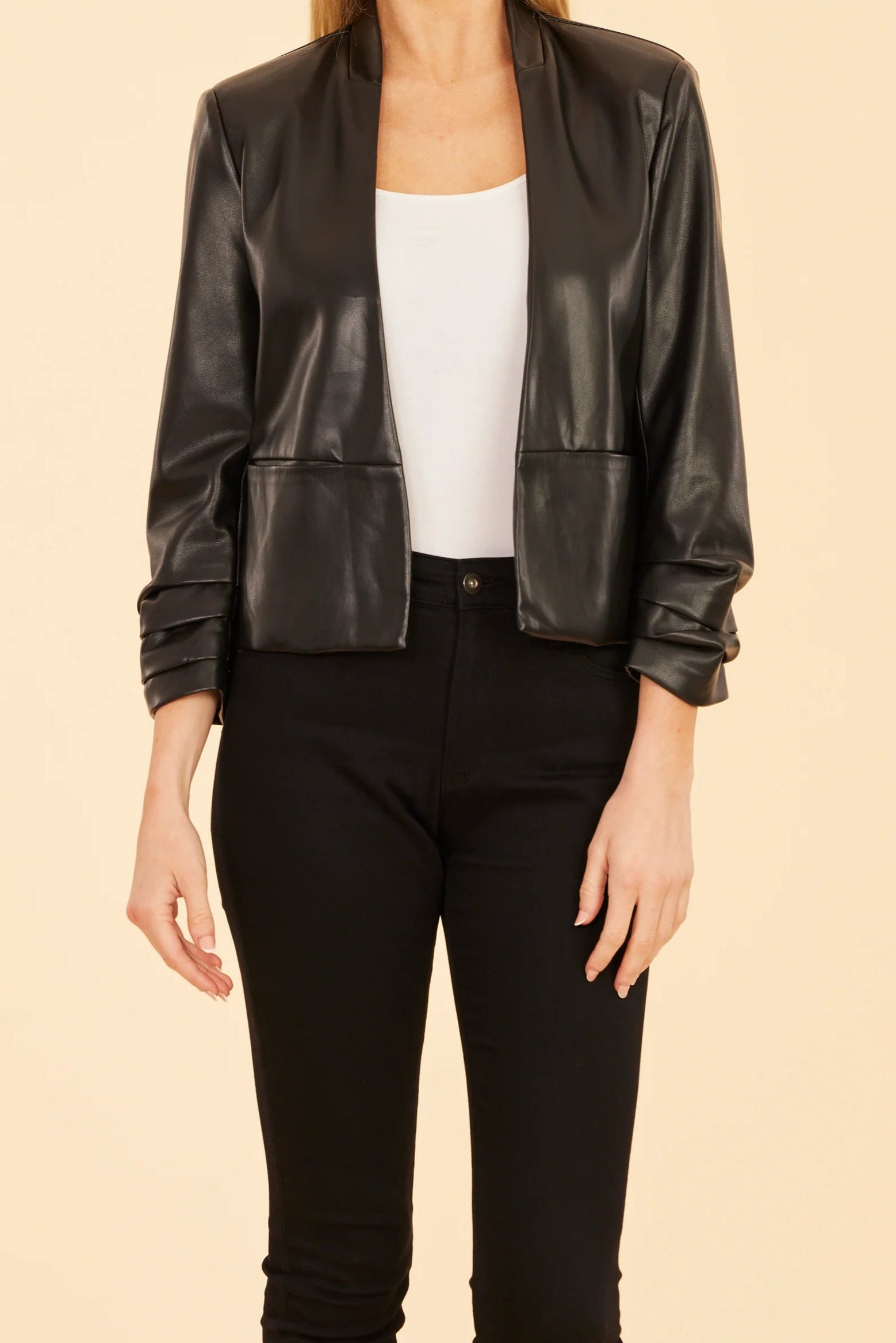 Faux Leather Ruched Sleeve Blazer