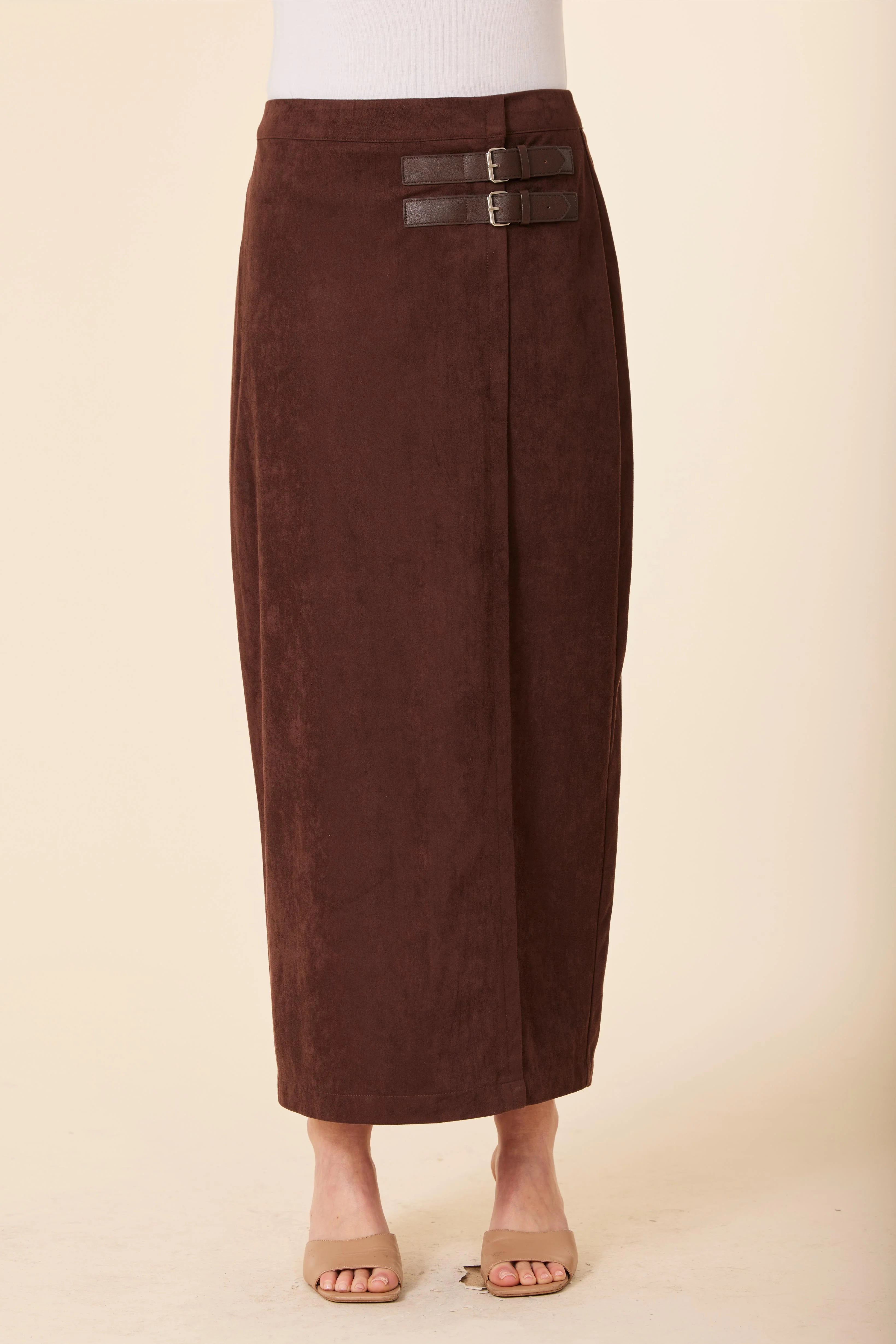 Faux Suede Side Buckle Long Skirt