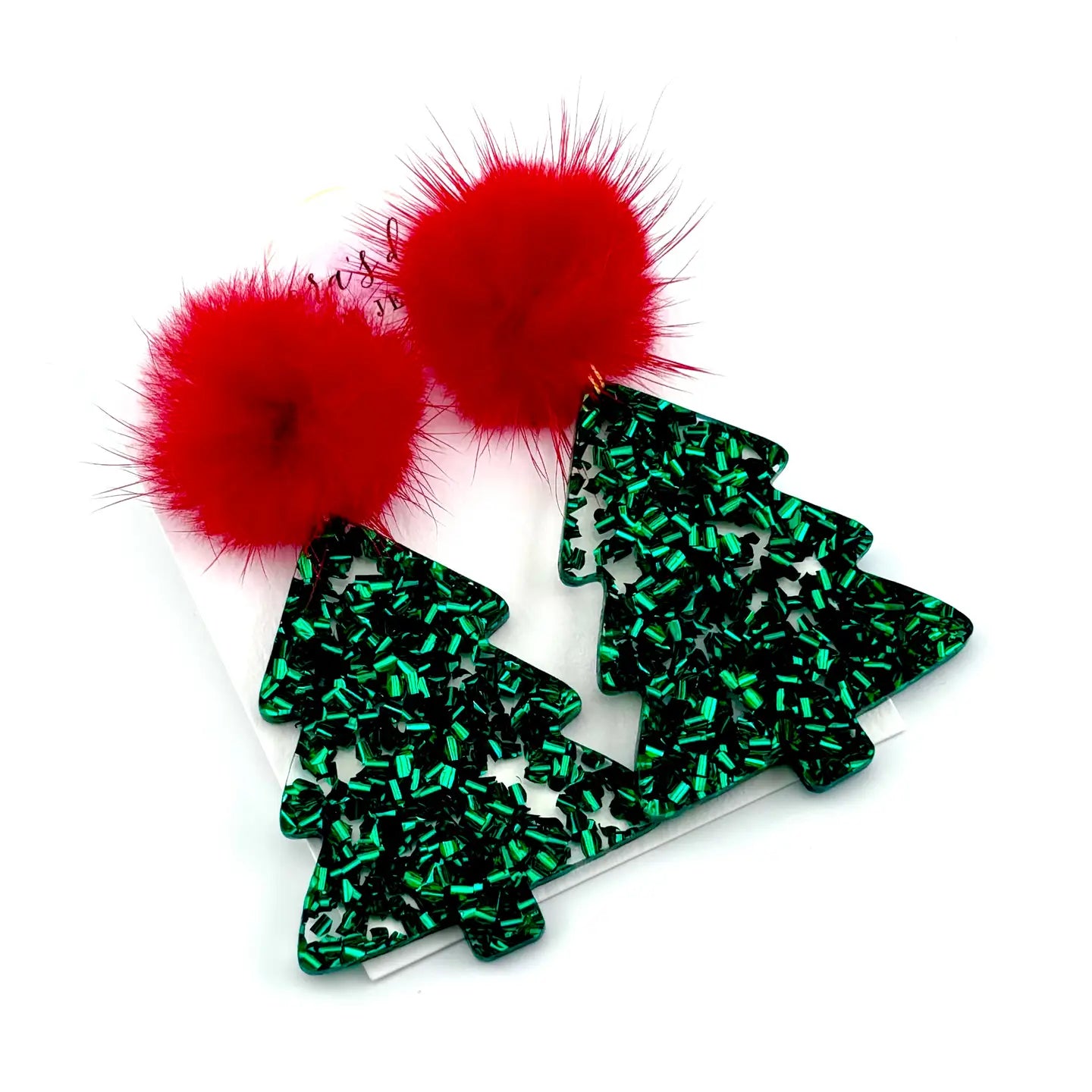 Christmas Tree Earrings - Red pompoms