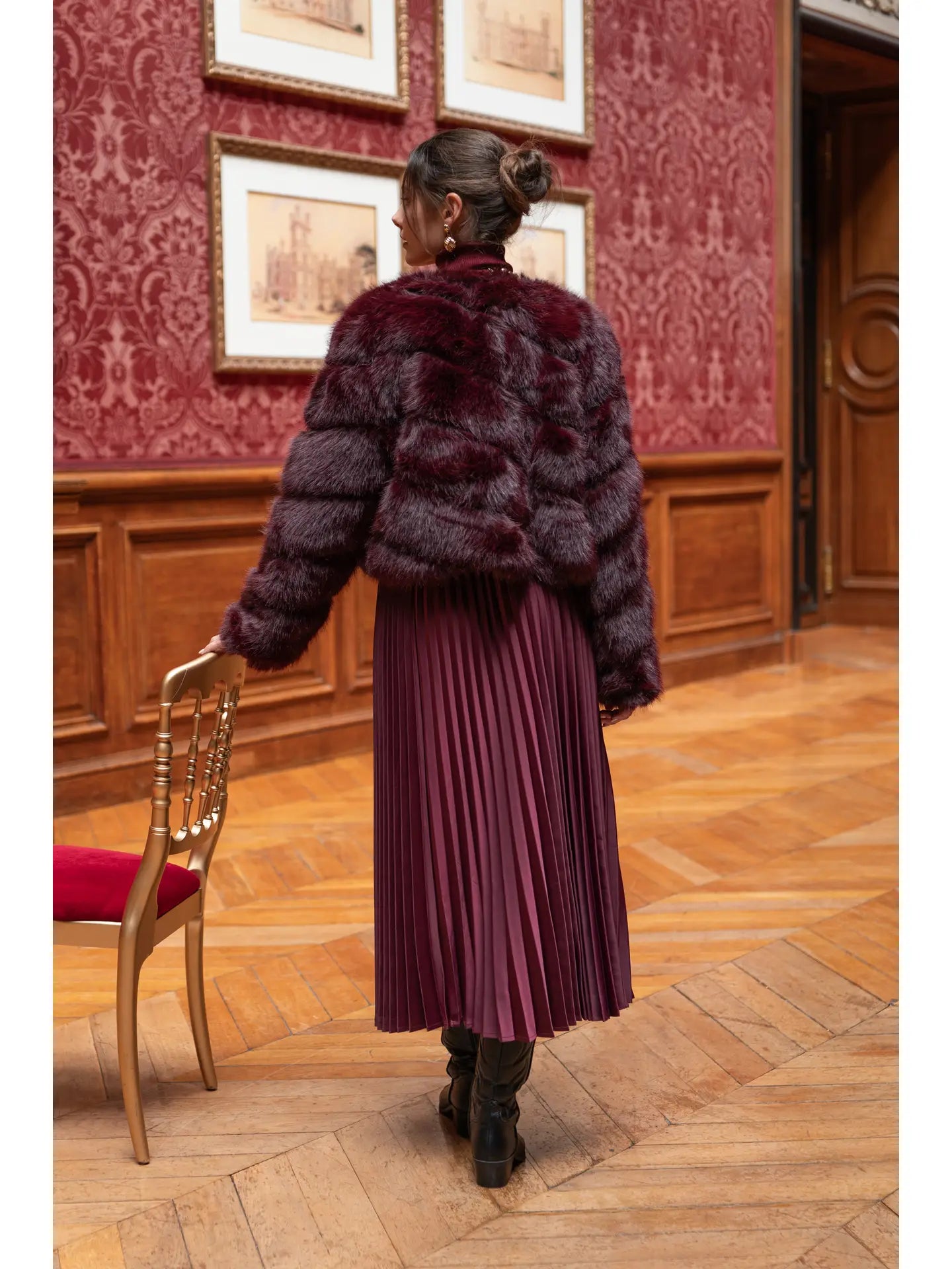 Solid Satin Pleated Skirt-Bordeaux