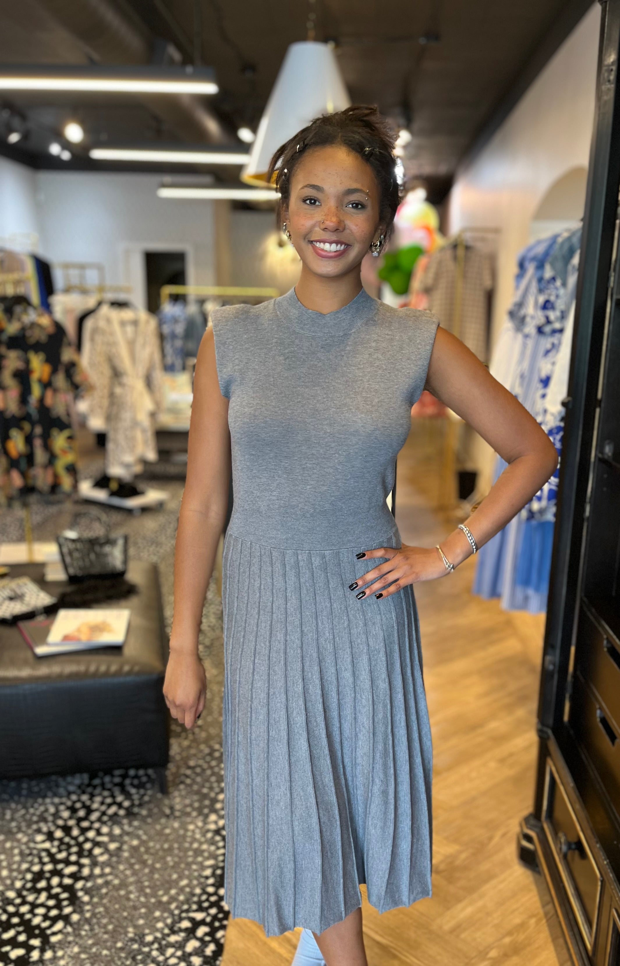 Grey Sleeveless Knit Midi Dress