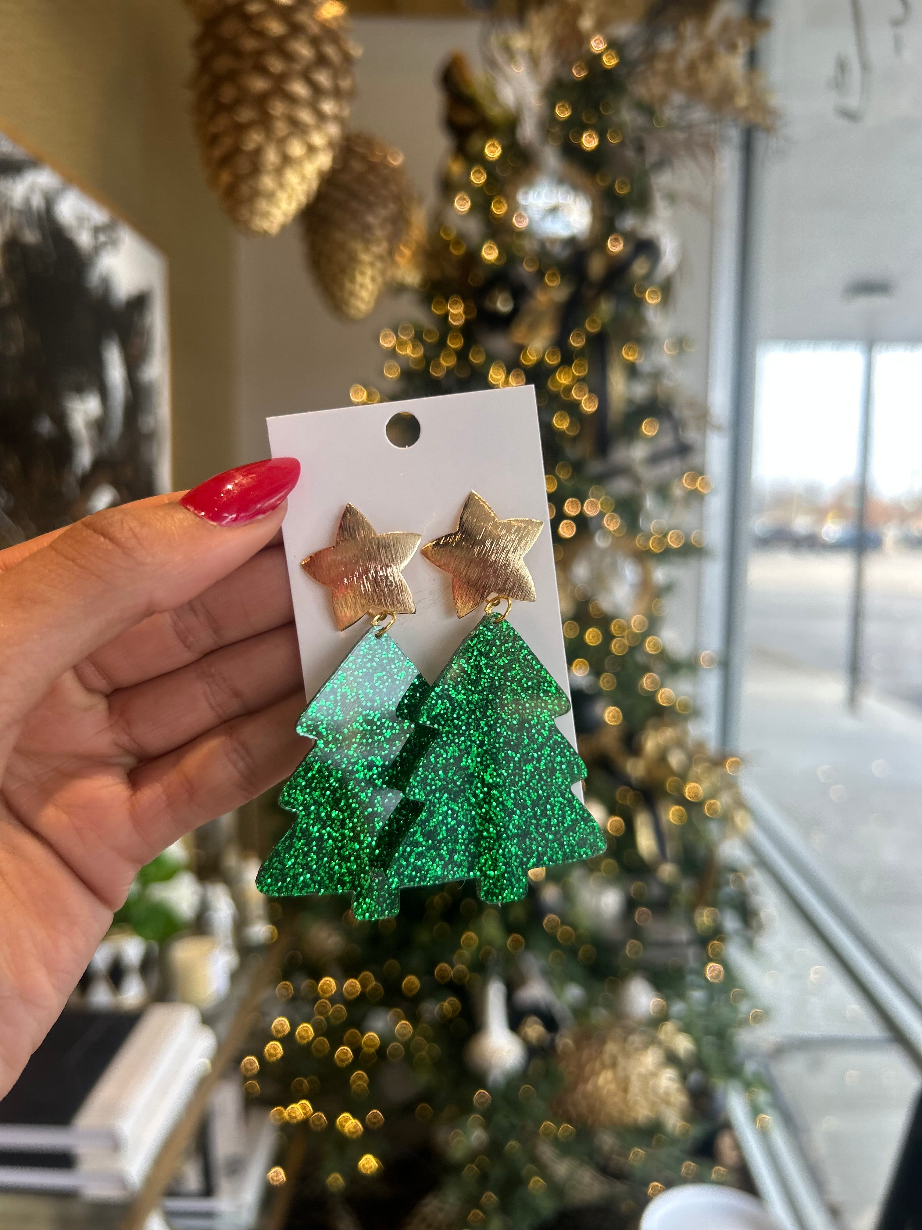 Green and Gold Sparkle Christmas Tree Earrings