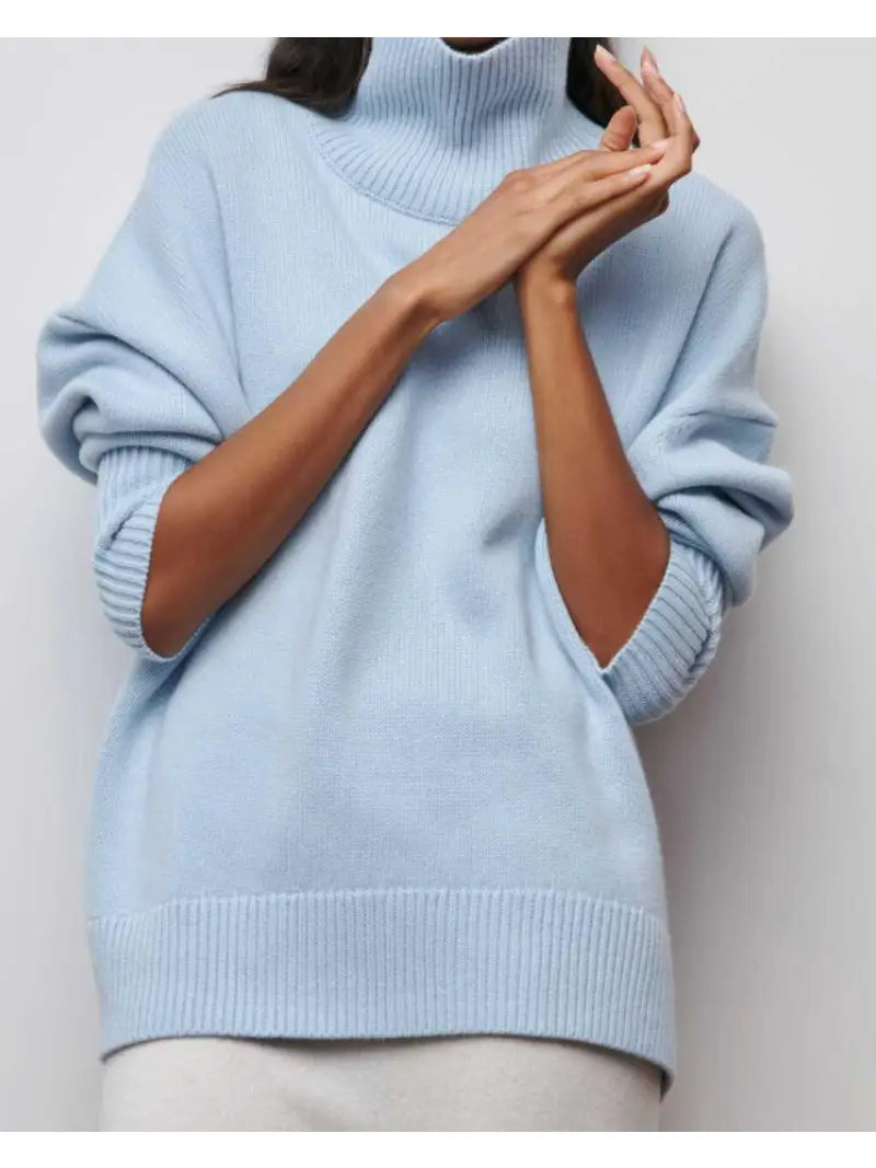 Ladies Solid Sky Blue Turtleneck Knit Sweater