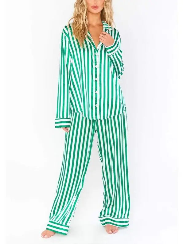 Home Satin Vertical Striped Christmas Pajama Set - Green