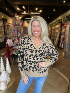 Brown Leopard V-neck Sweater