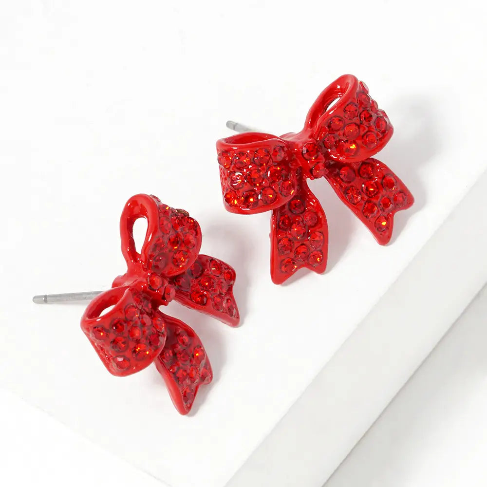 Pave Bow Stud Earrings-Red