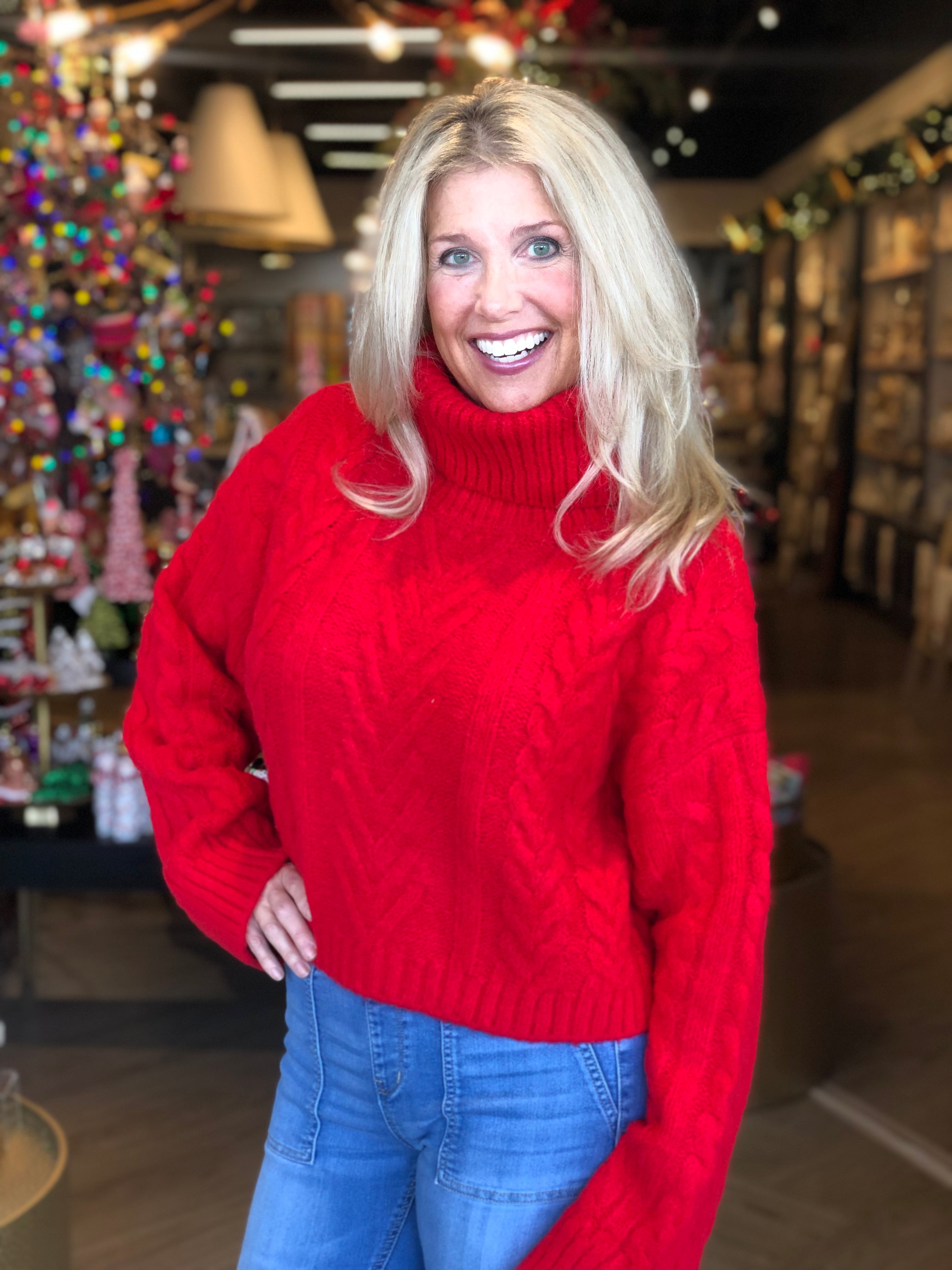 Red Cable knit Turtleneck Sweater