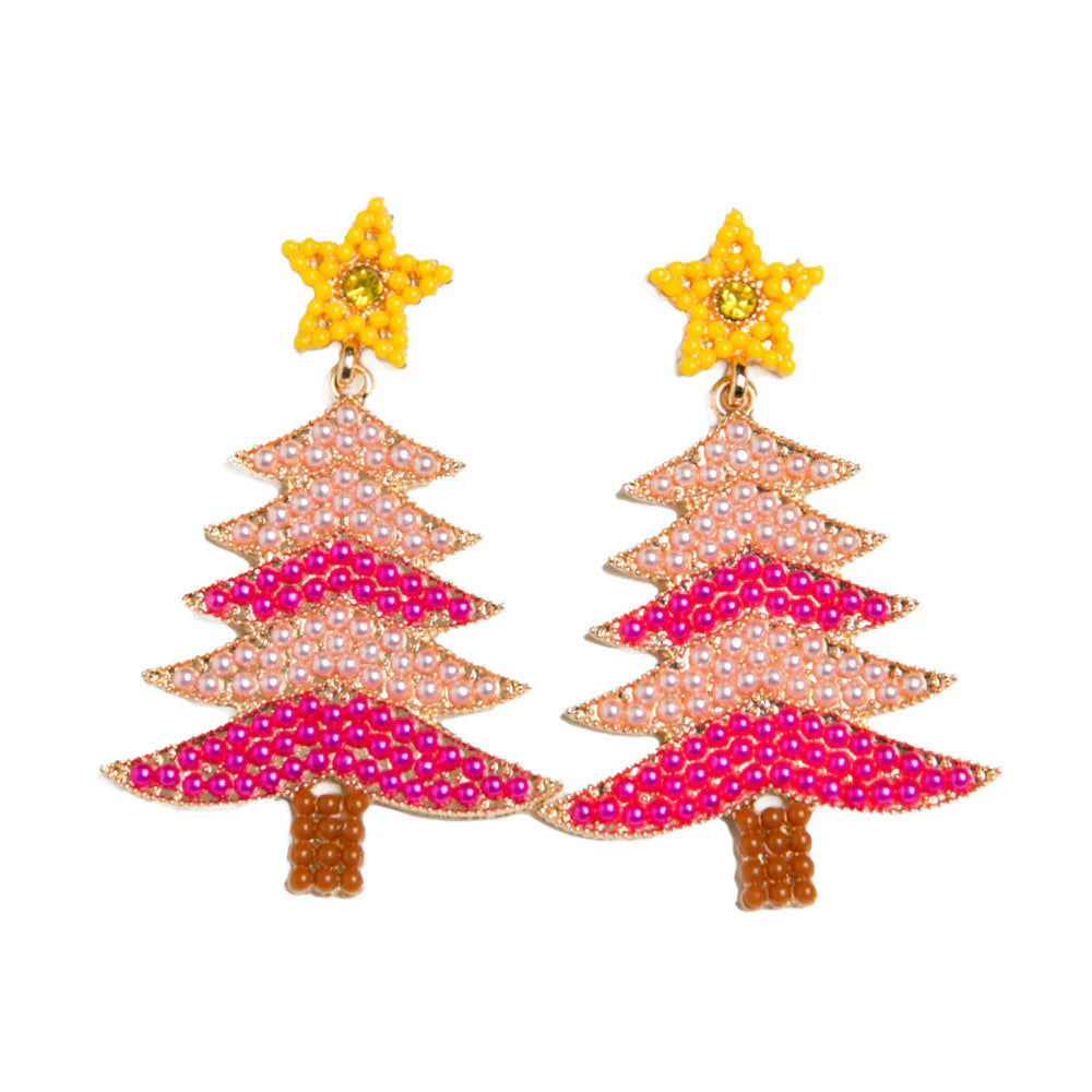 Beaded Light Pink and Pink Christmas Tree Earrings