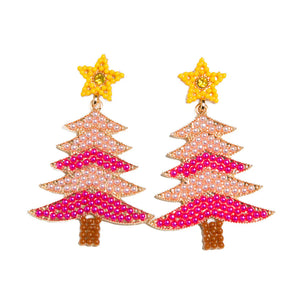 Beaded Light Pink and Pink Christmas Tree Earrings