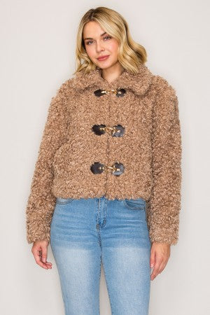 TAUPE CURLY FAUX FUR TOGGLE JACKET