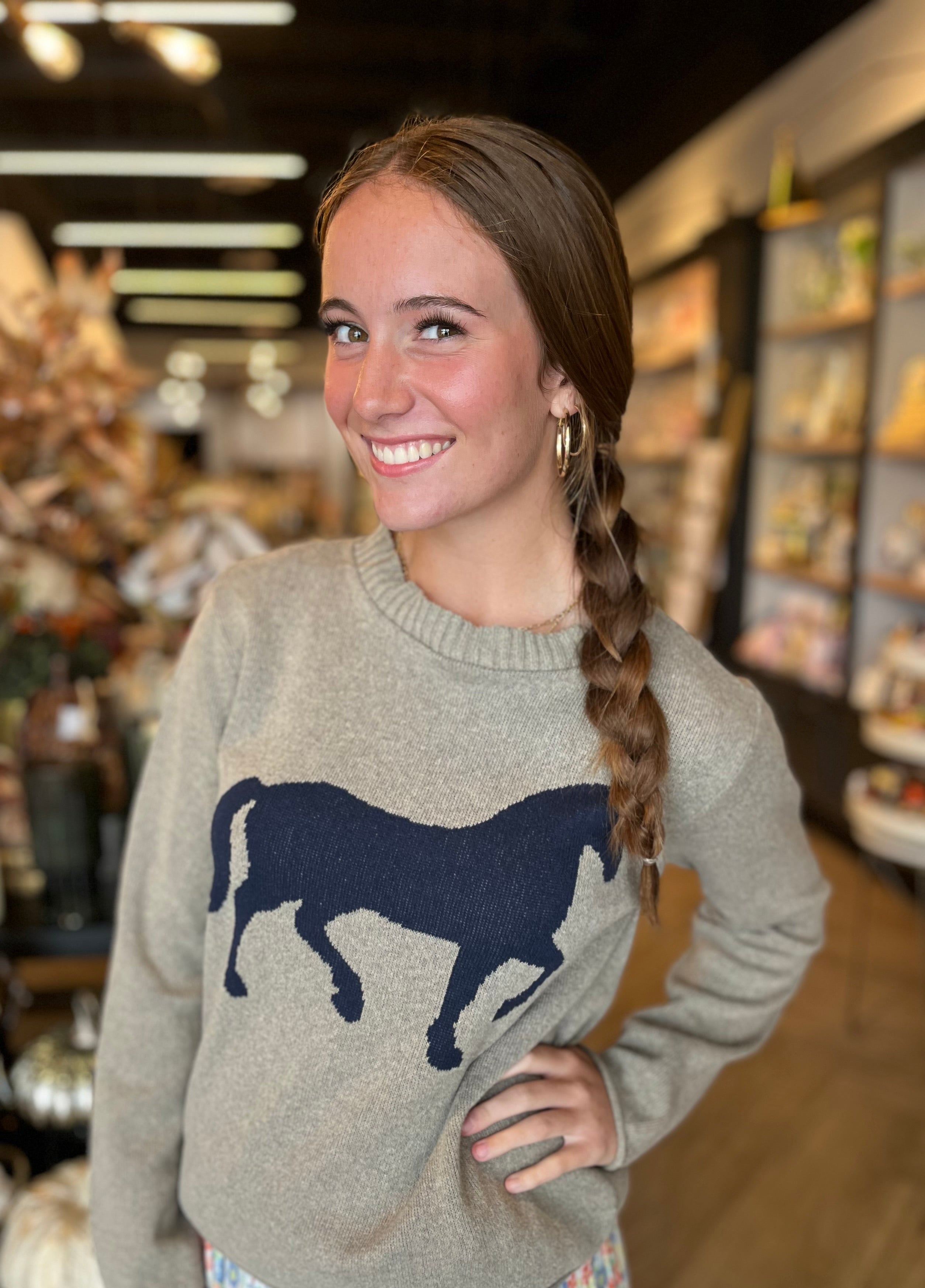 Pewter Pullover  Sweater with Navy Horse