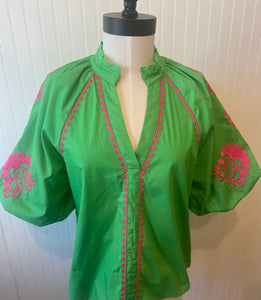 Green Embroidered Puff Sleeve Top