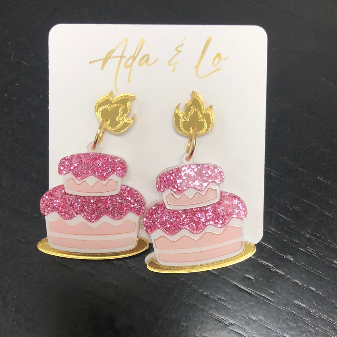 1.5" Pink Glitter Cake Acrylic Dangles -Birthday Earrings
