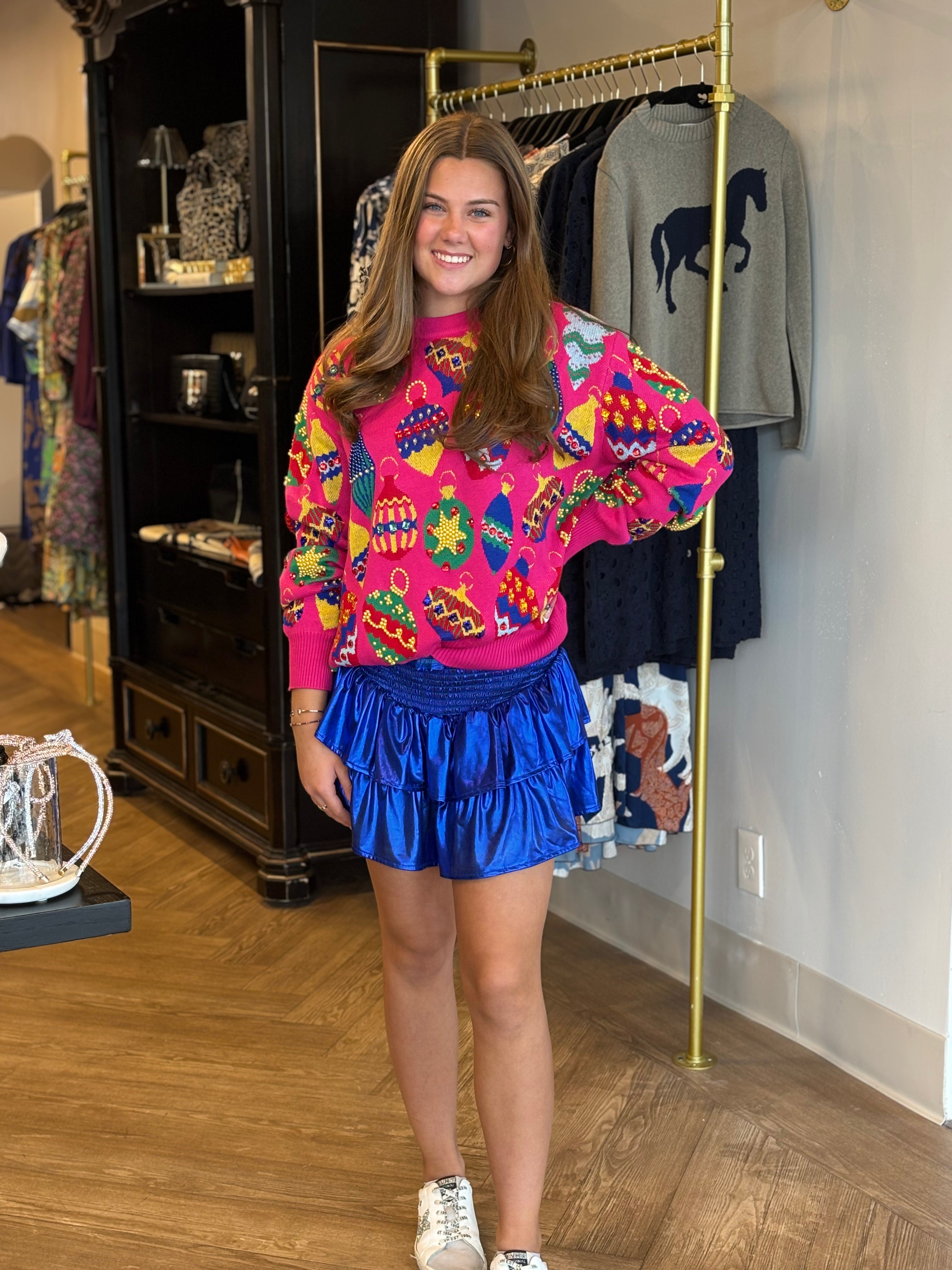 Queen Of Sparkles Hot Pink Multi Jeweled Ornament Sweater