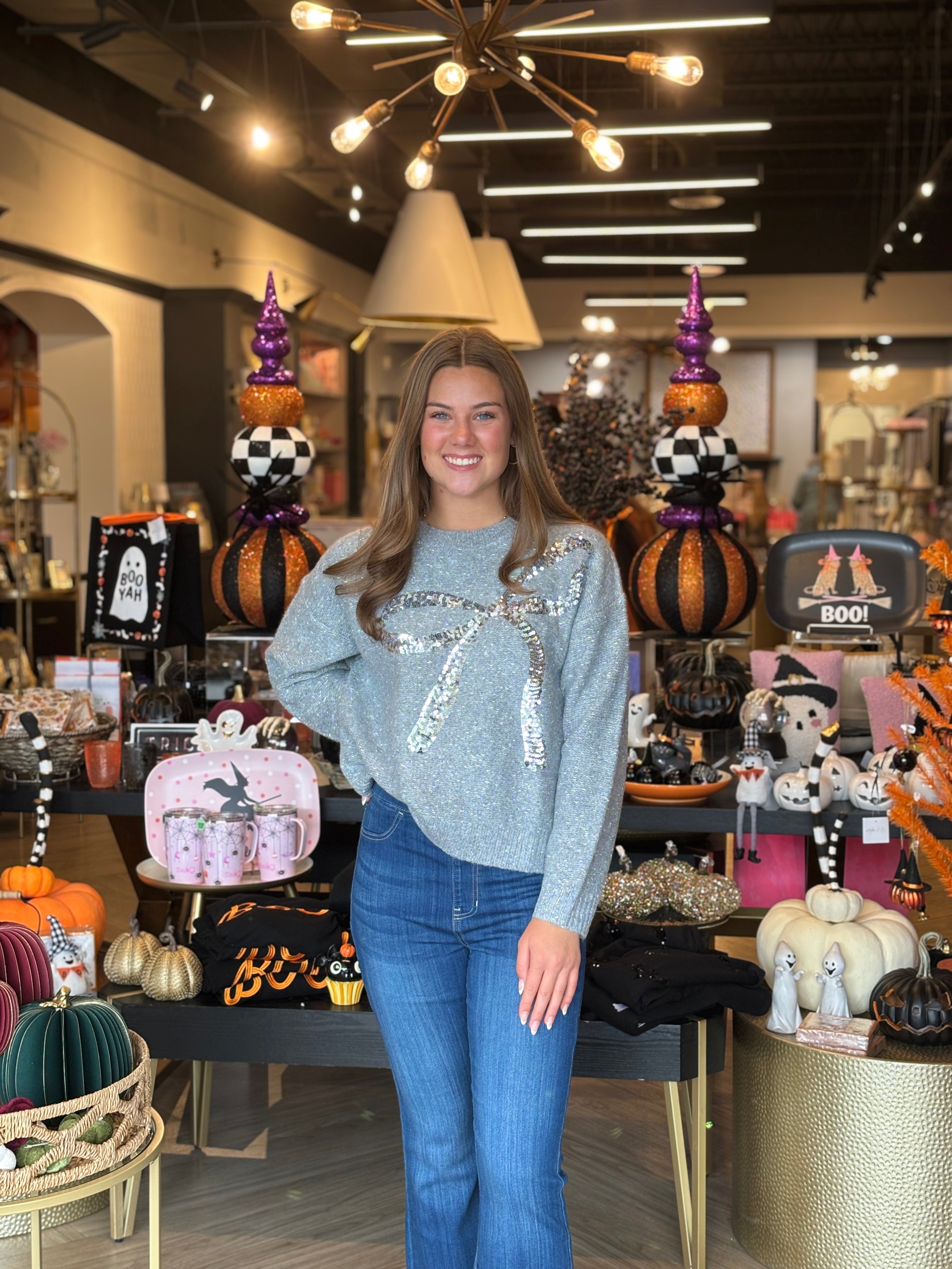 Grey Sequins Bow Sweater