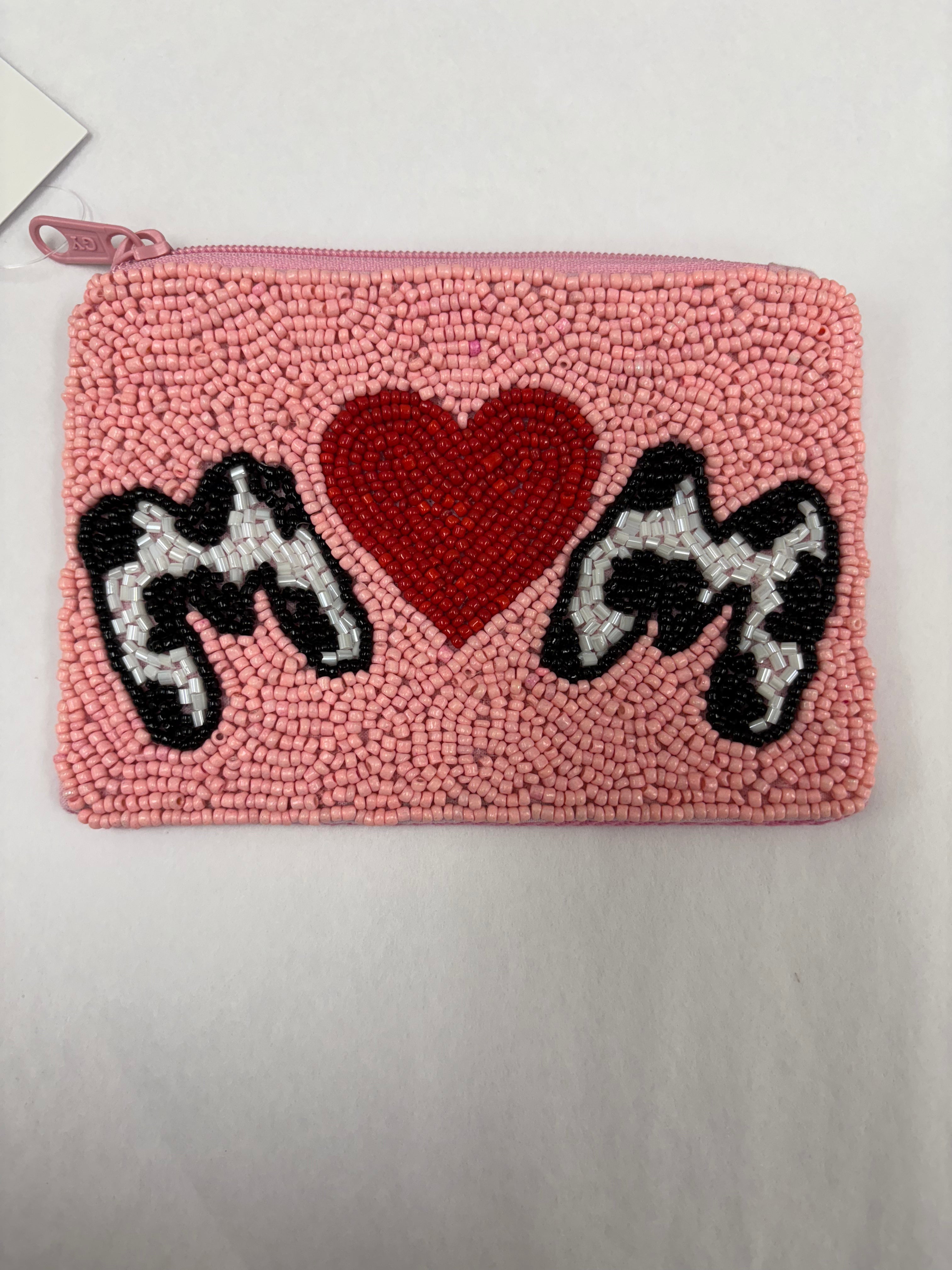 "Mom" Beaded Coin Pouch--Pink