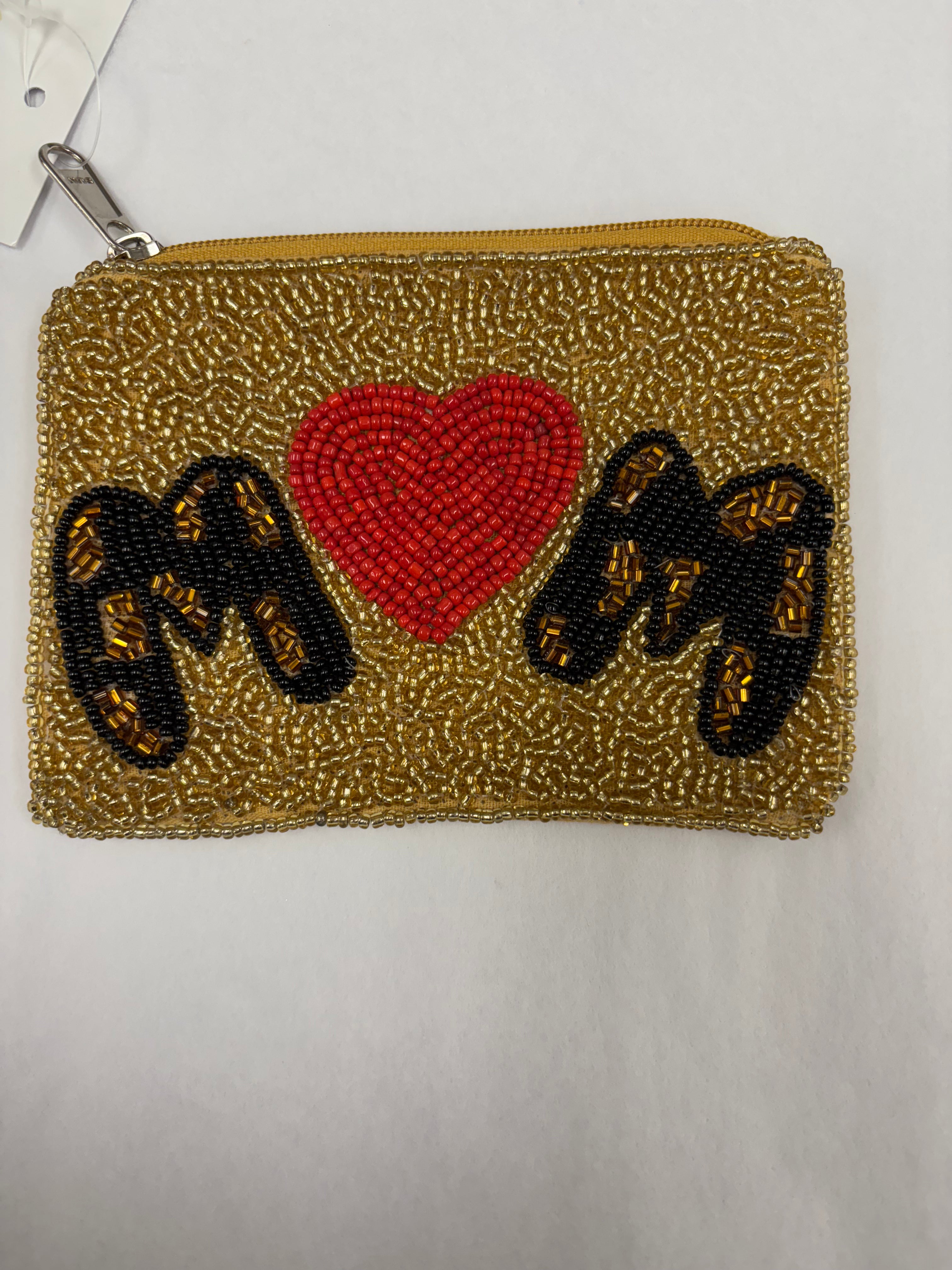 "Mom" Beaded Coin Pouch--Gold