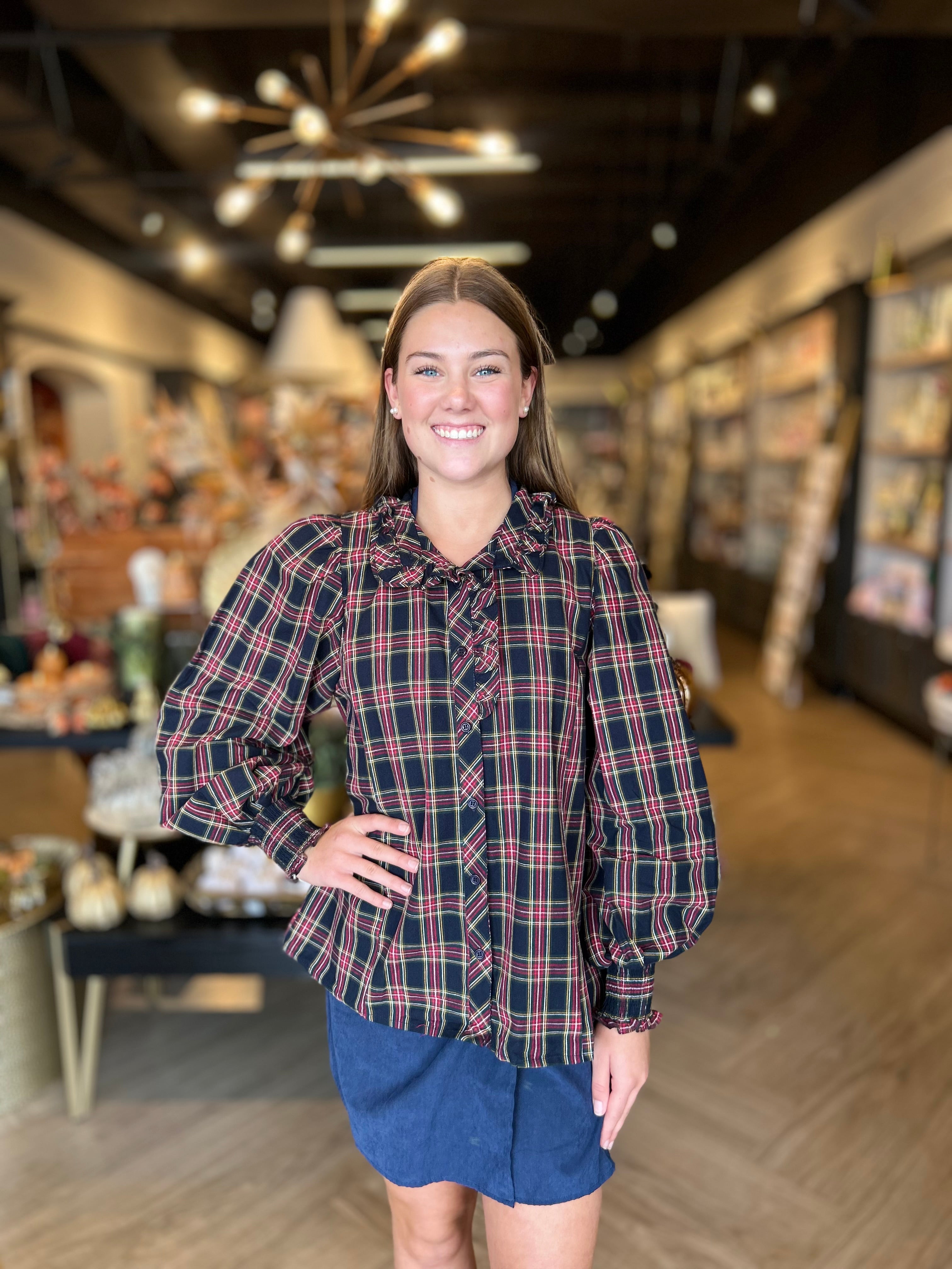 Navy and Red Plaid Long Sleeve Blouse