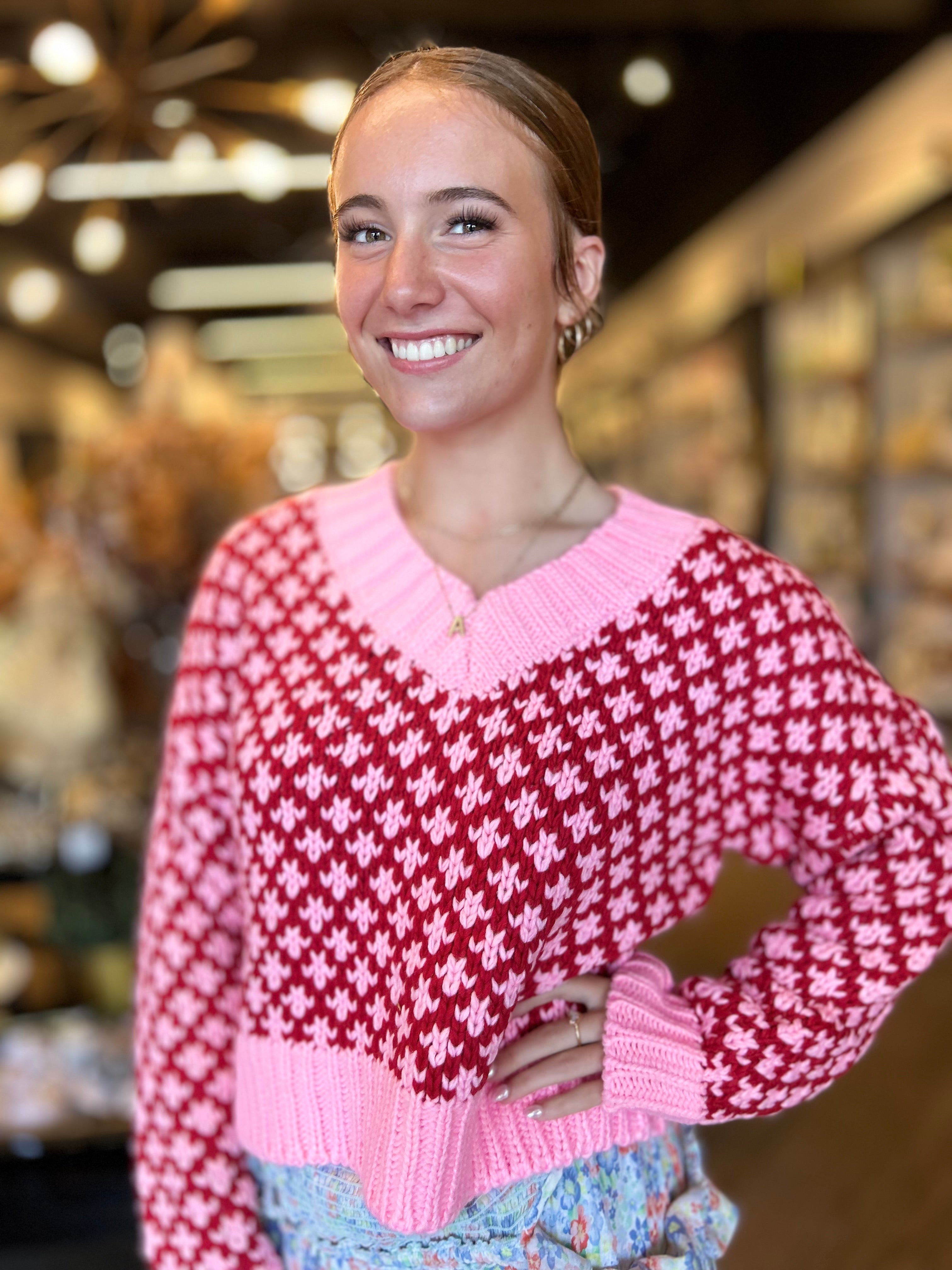 Red/Pink Color Block Textured Sweater