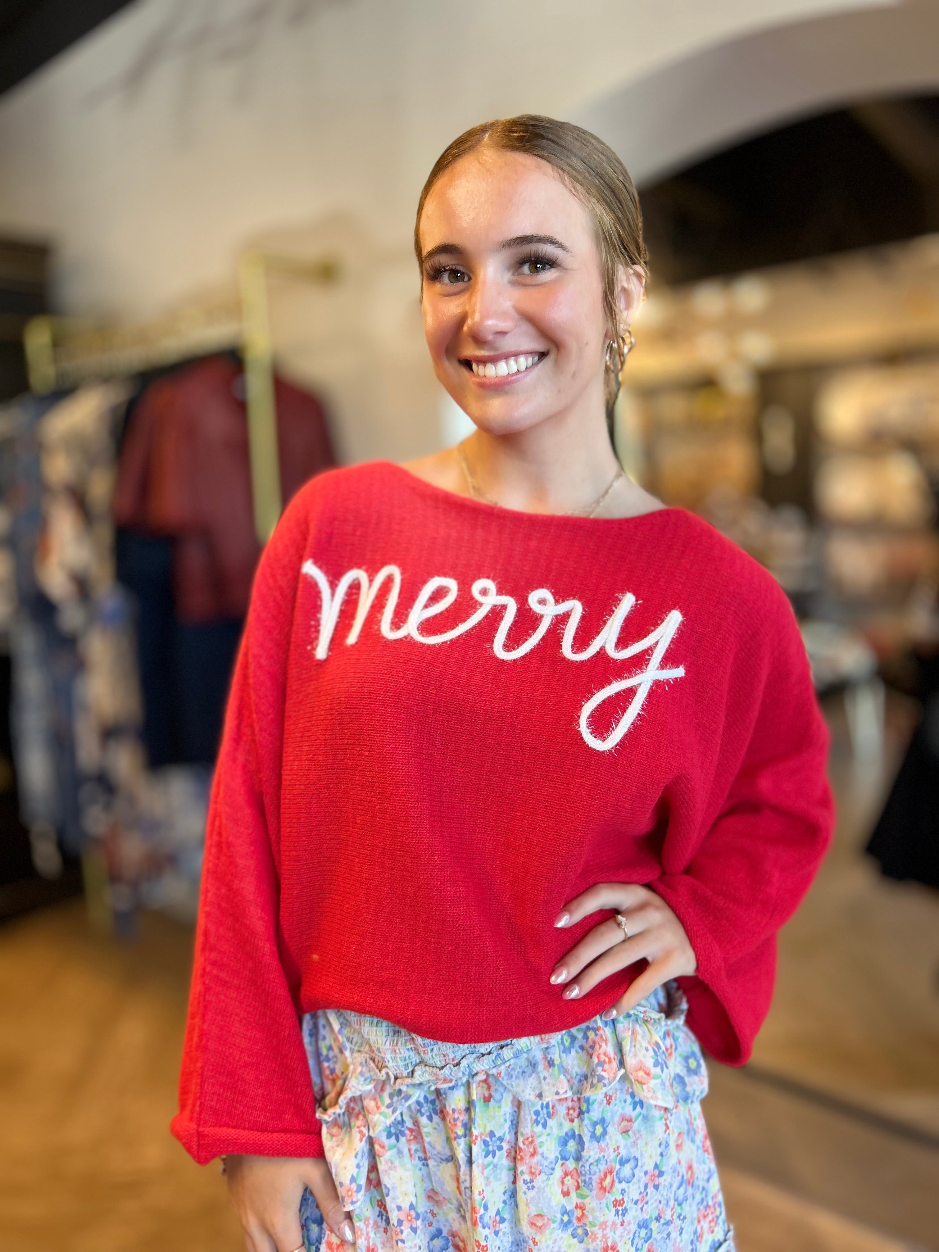 Merry Tinsel Lettering Christmas Sweater--Red