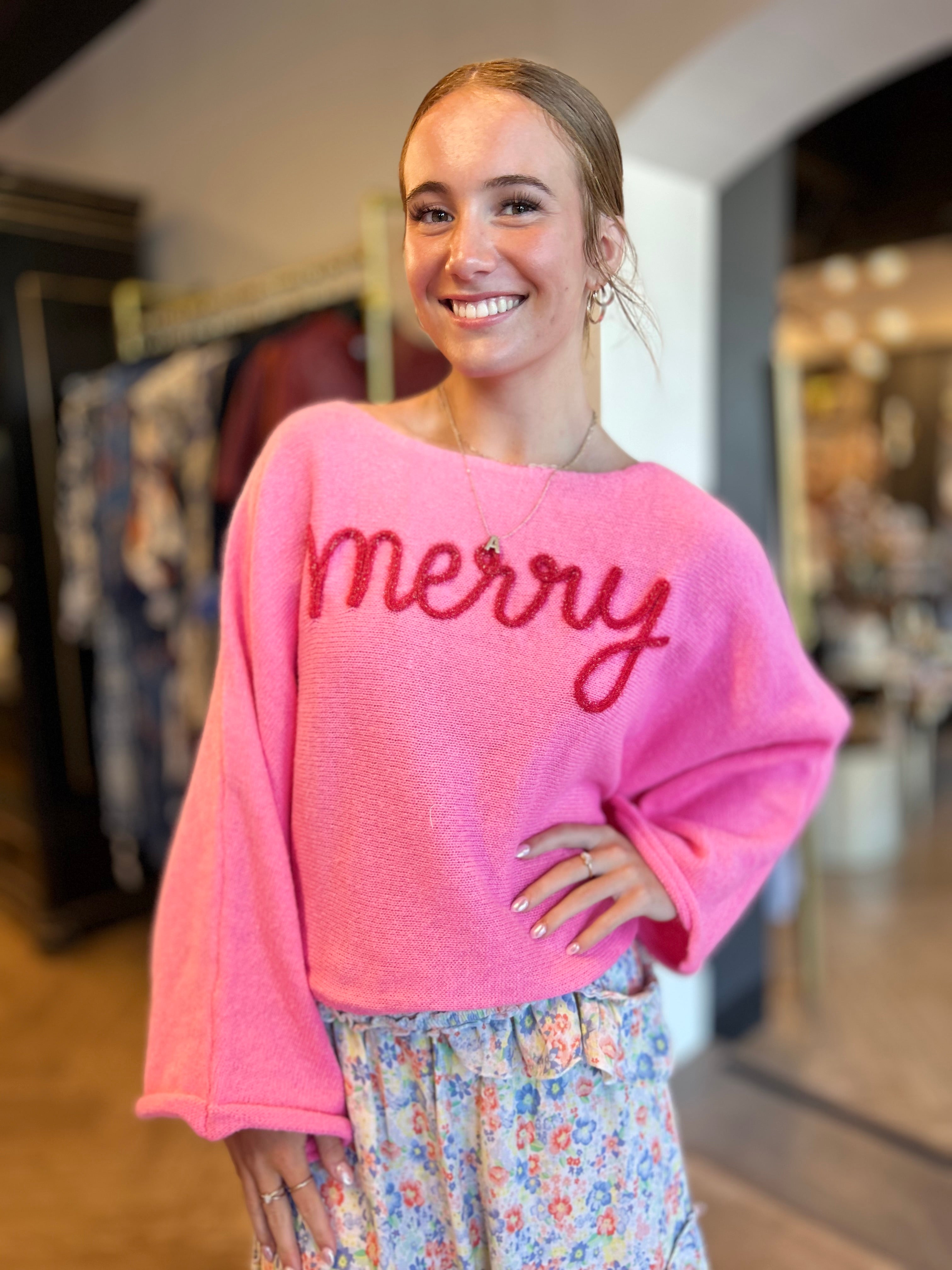 Merry Tinsel Lettering Christmas Sweater-Pink
