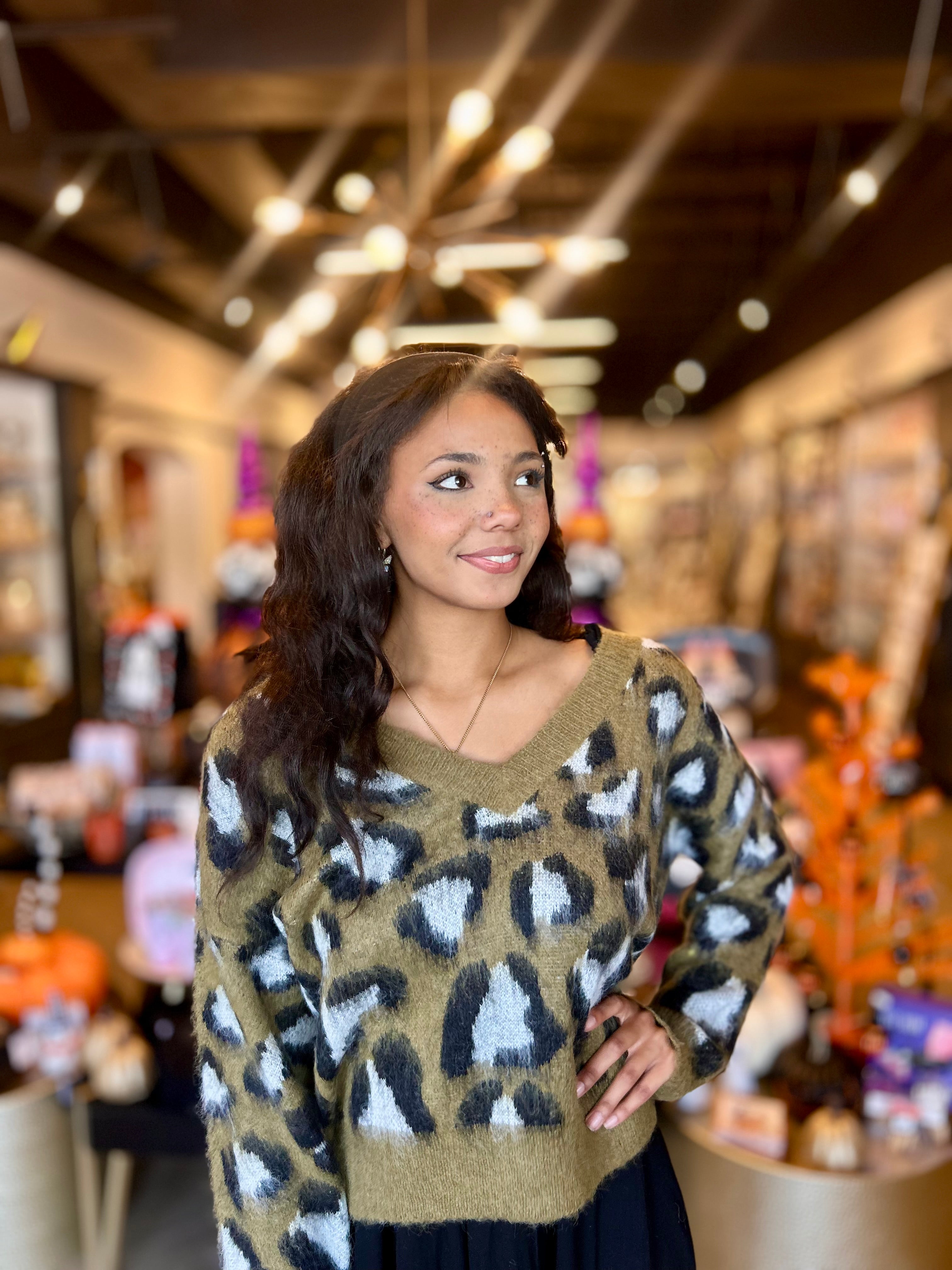 Young Ladies Knitted Sweater - Green Leopard