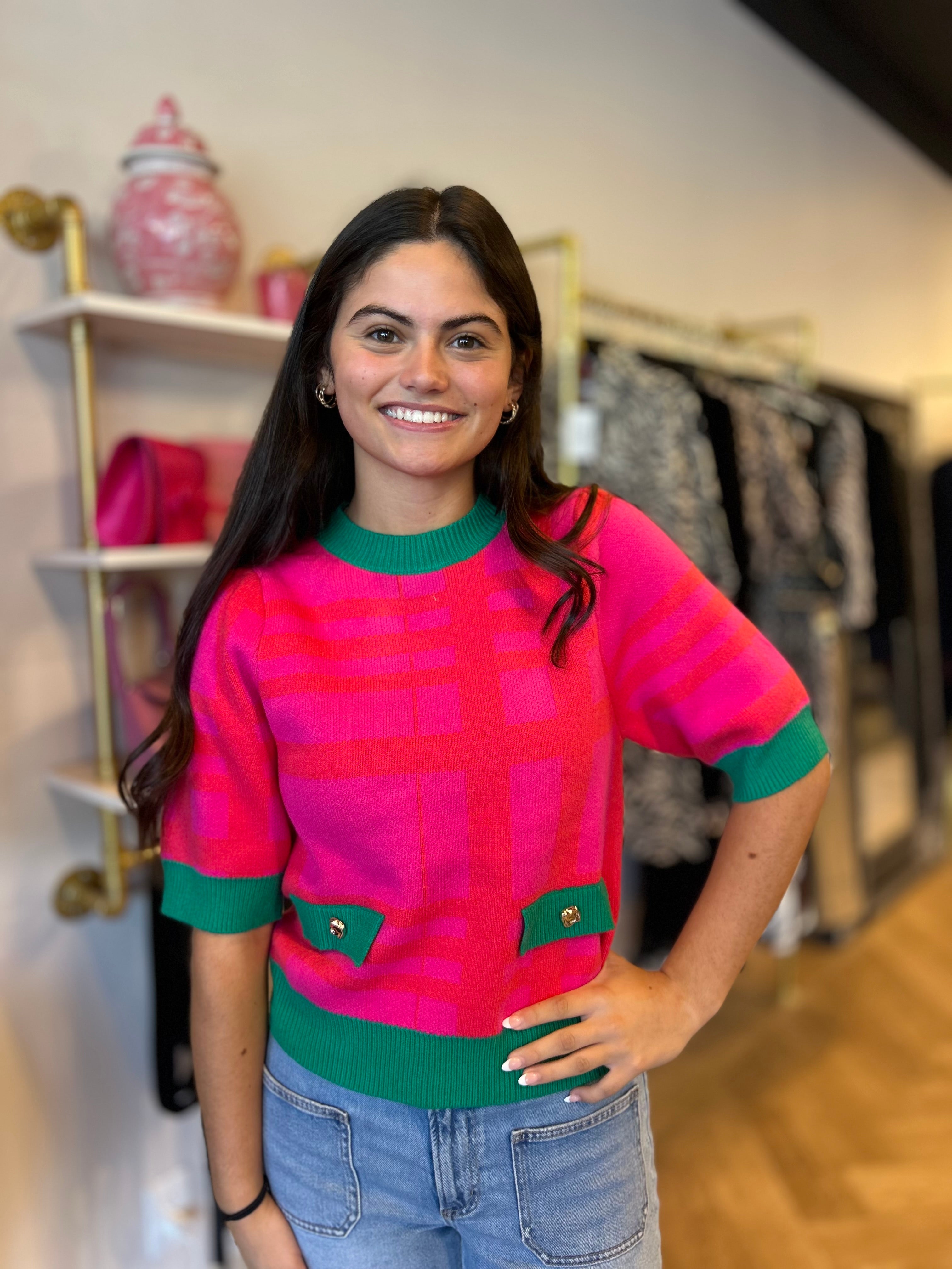 Pink and Green Short Sleeve Patten Detail Sweater