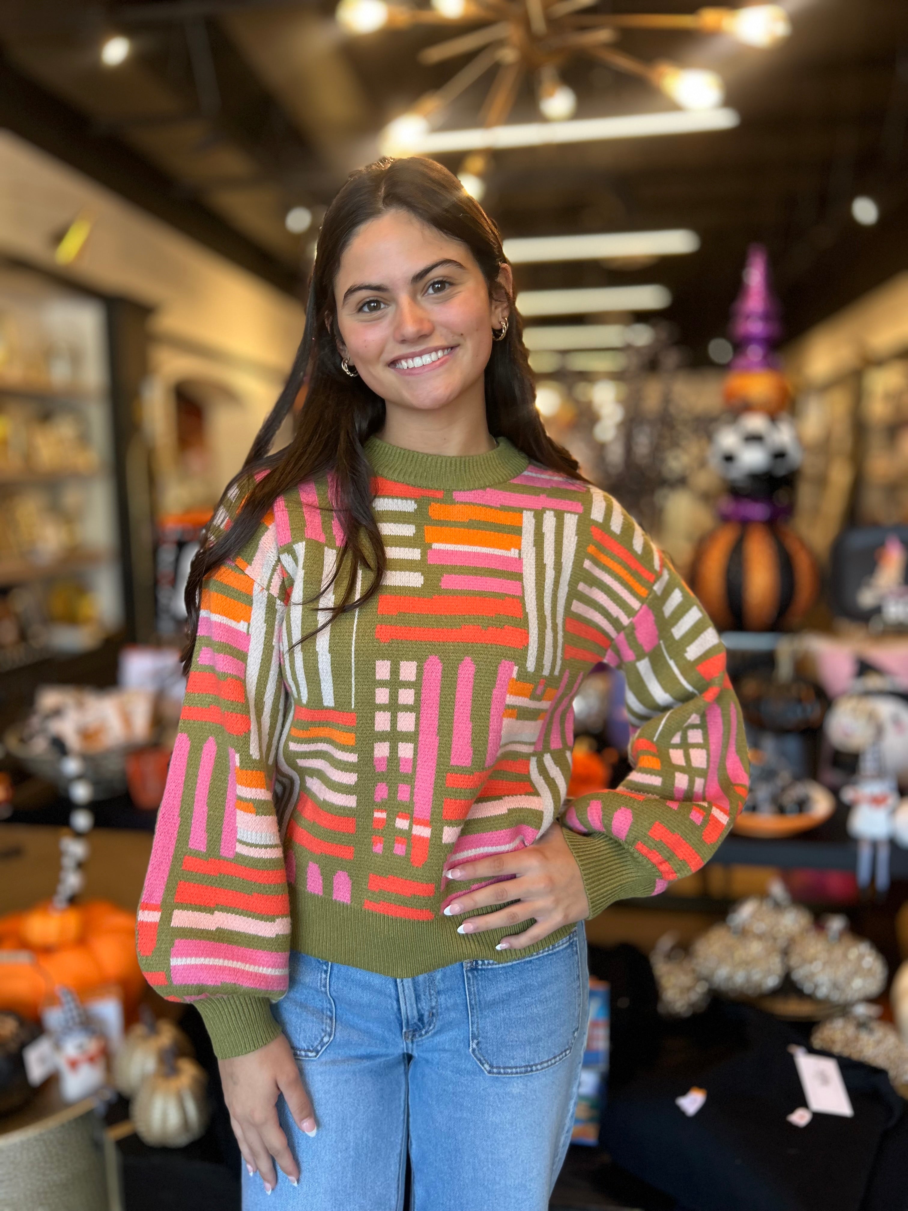 Multi-Pattern Peplum Sleeve Sweater