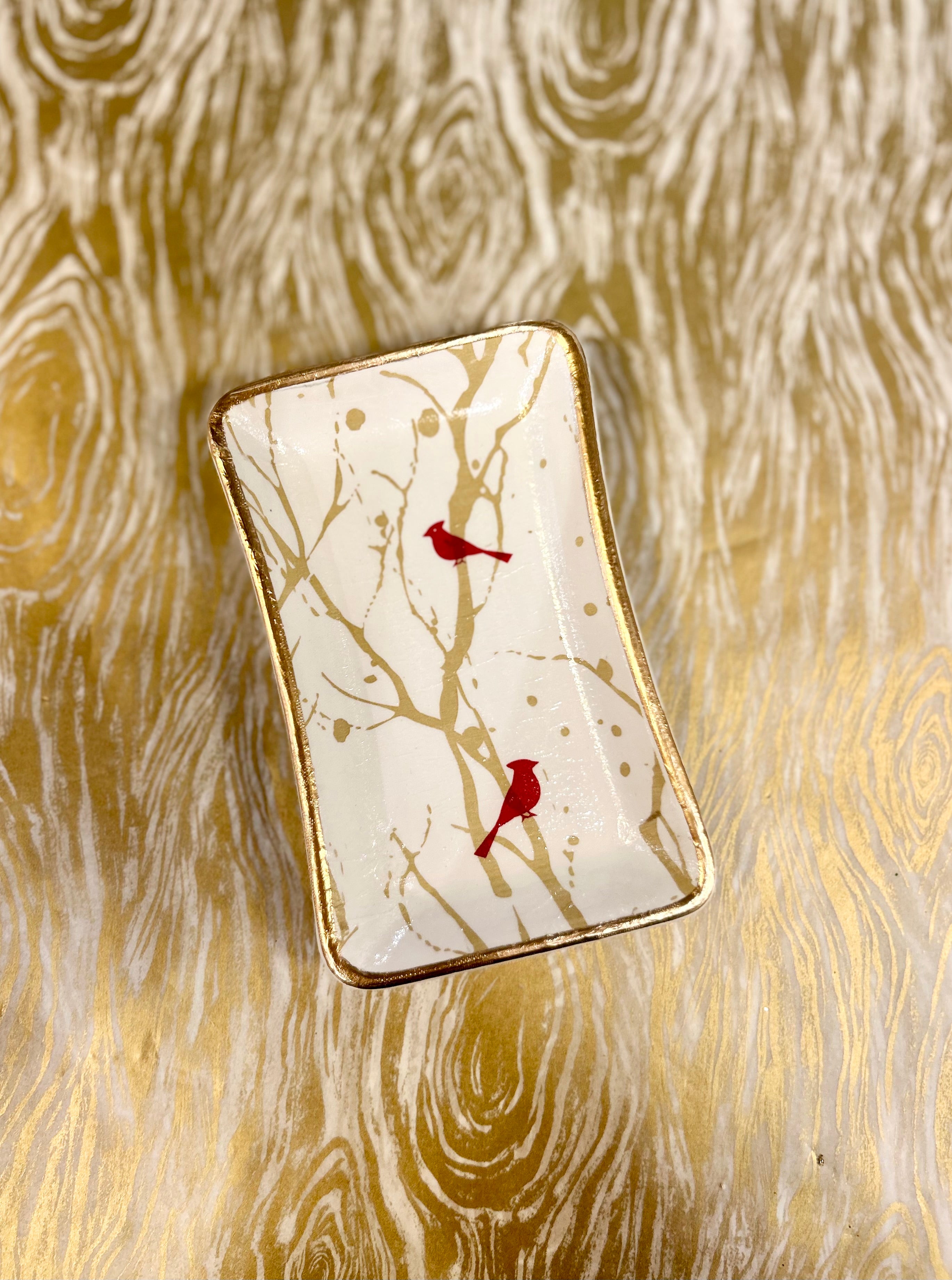 Christmas Ceramic Jewelry Tray - Gold Cardinals