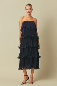 Navy Pleated Tiered Long Dress