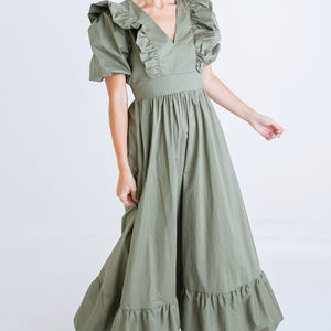 Olive Poplin Ruffle Puff Sleeve Maxi Dress